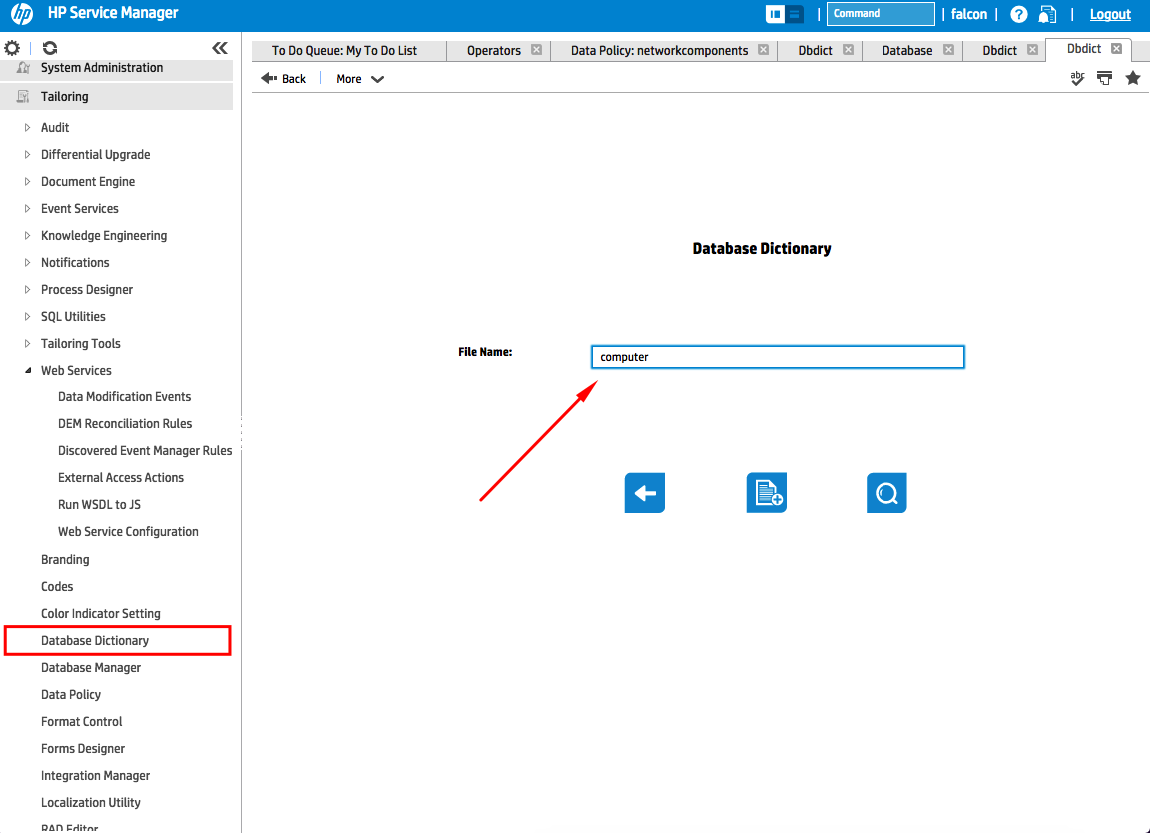 Configure HPSM Databse Dictionary fields