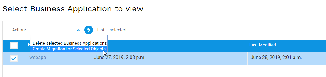 Select business apps to export