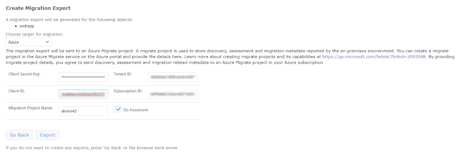 Enter collected Azure prjoect details