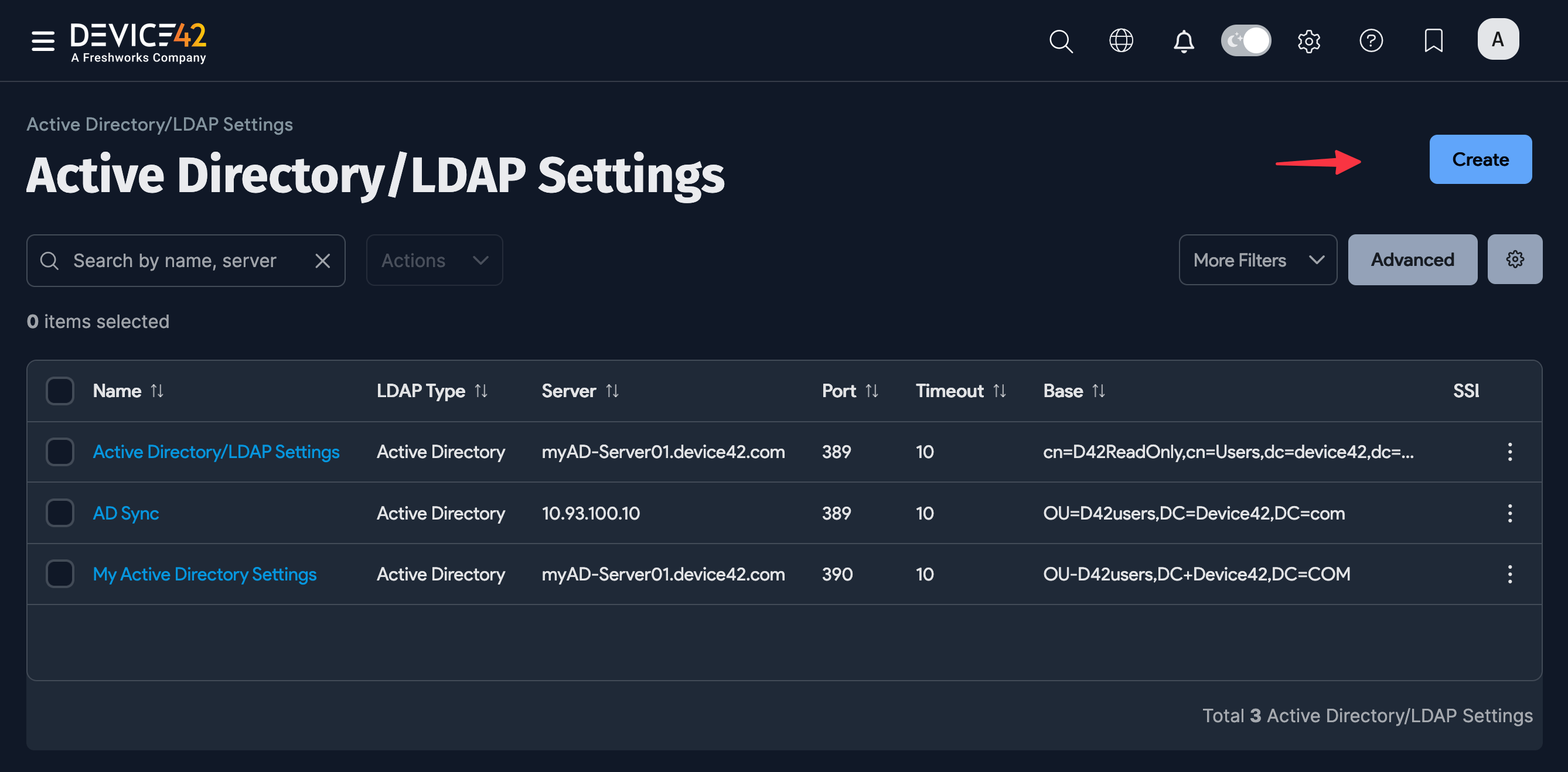 Active Directory/LDAP Settings list page