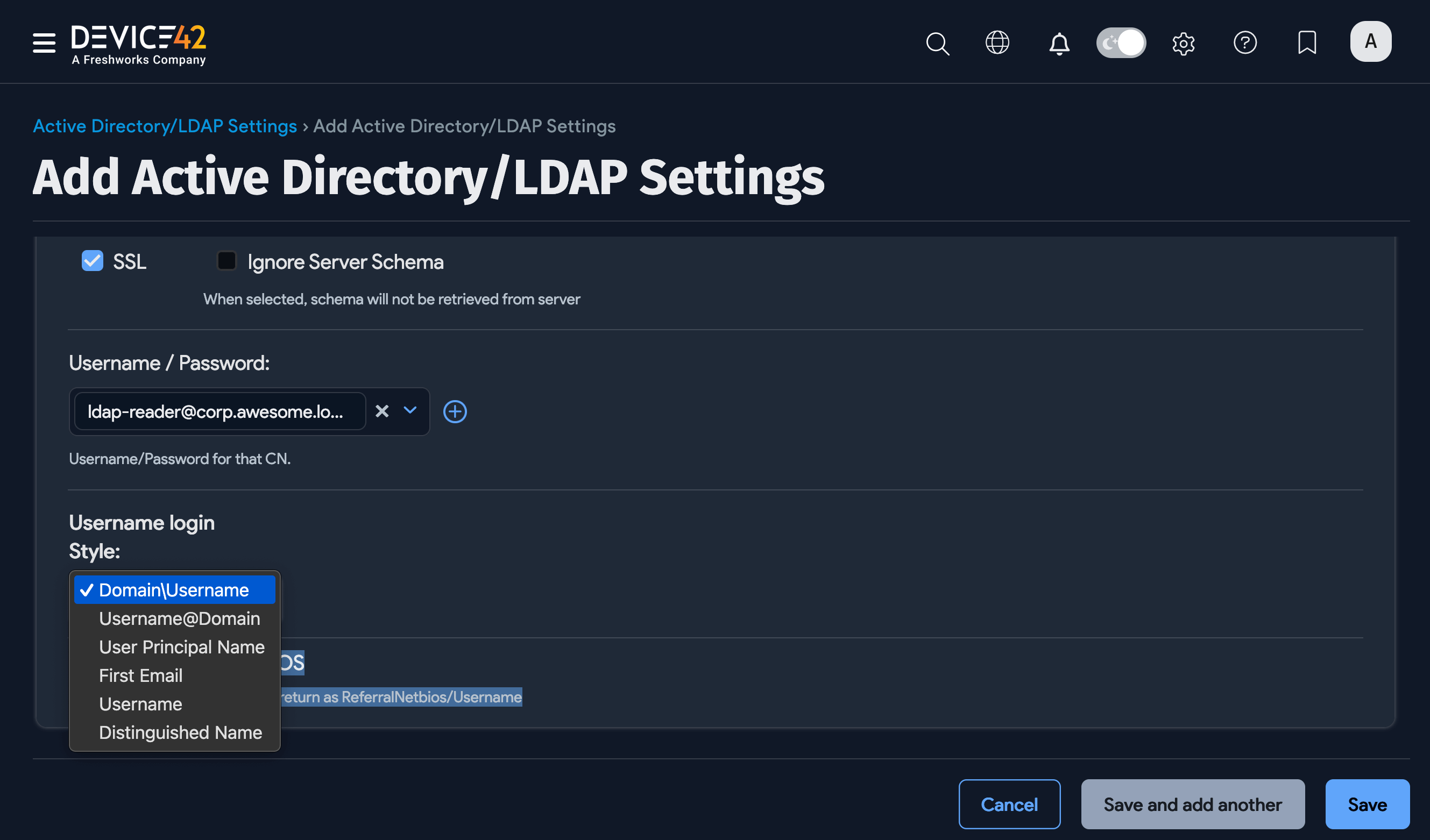 Active Directory/LDAP Settings list page