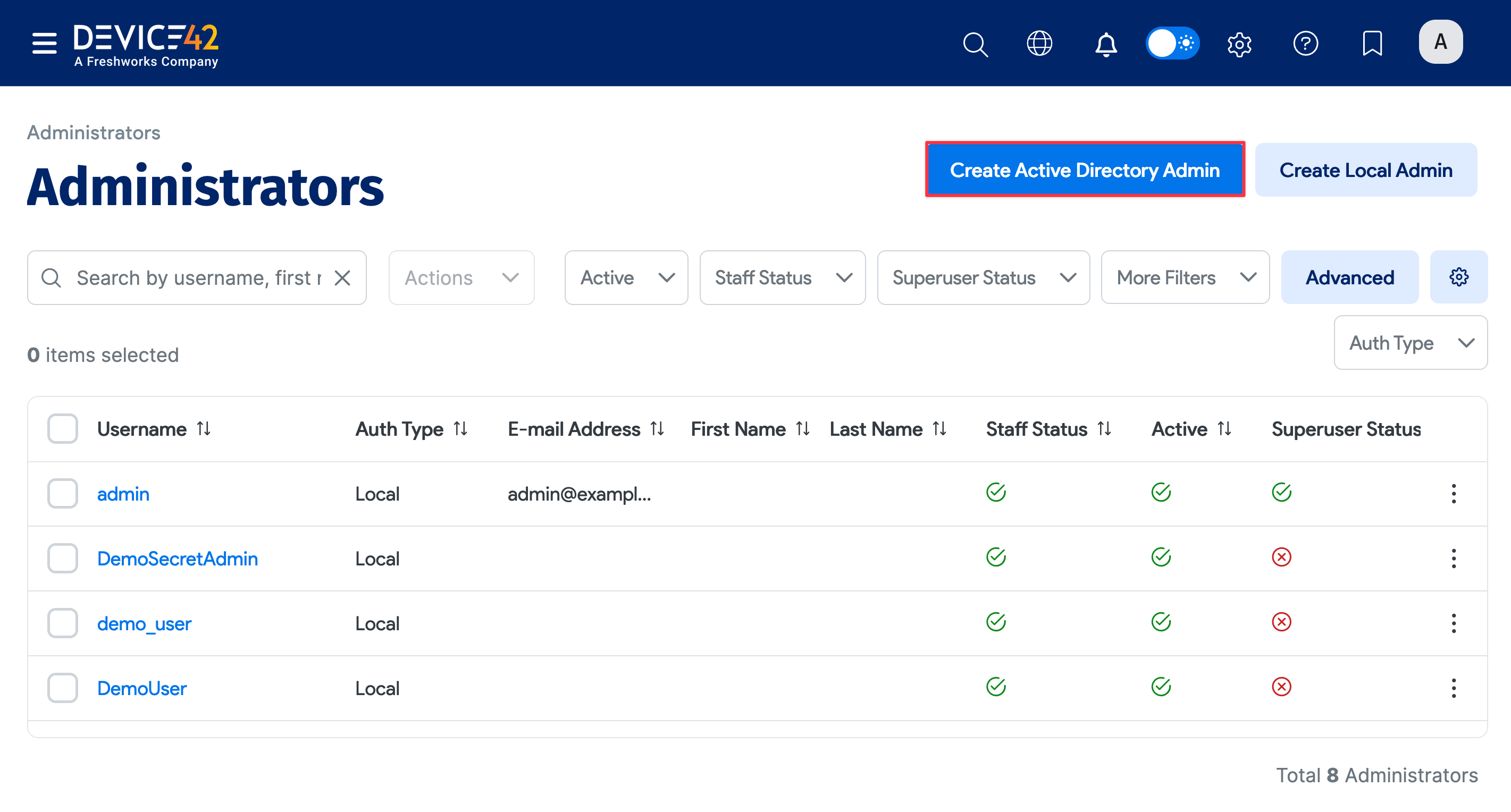 Create AD Admin option