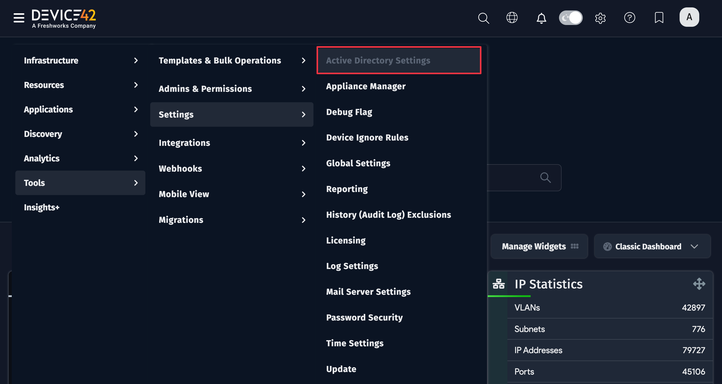 Active Directory Settings menu