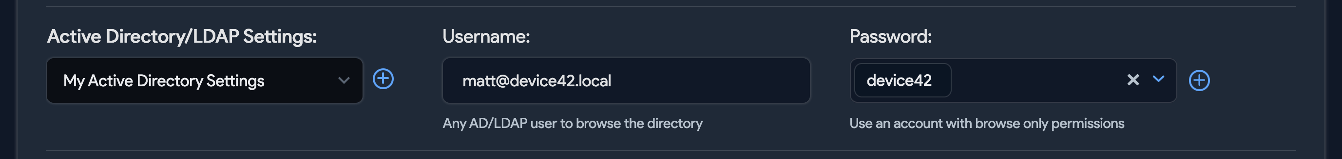 Settings and credential fields