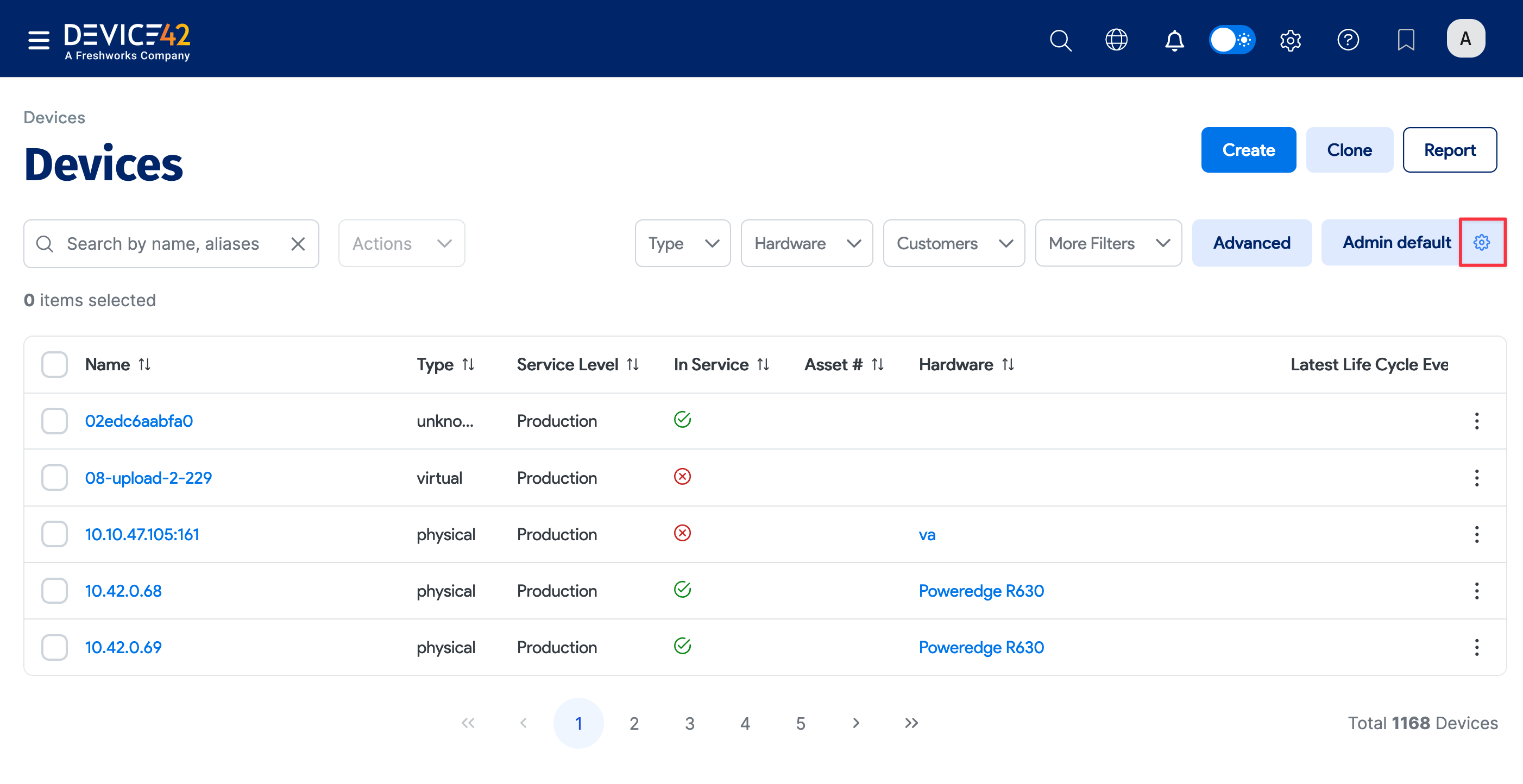 Gear icon on Devices list page