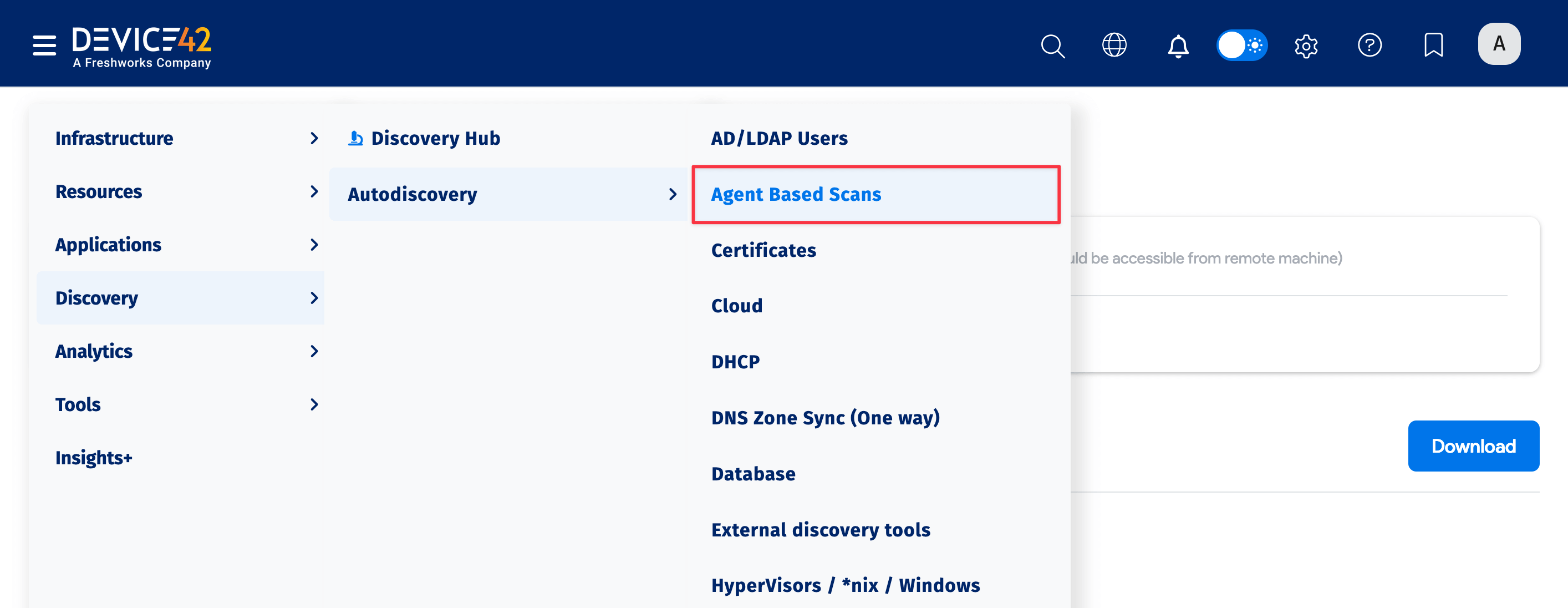 Agent-Based Scans in menu