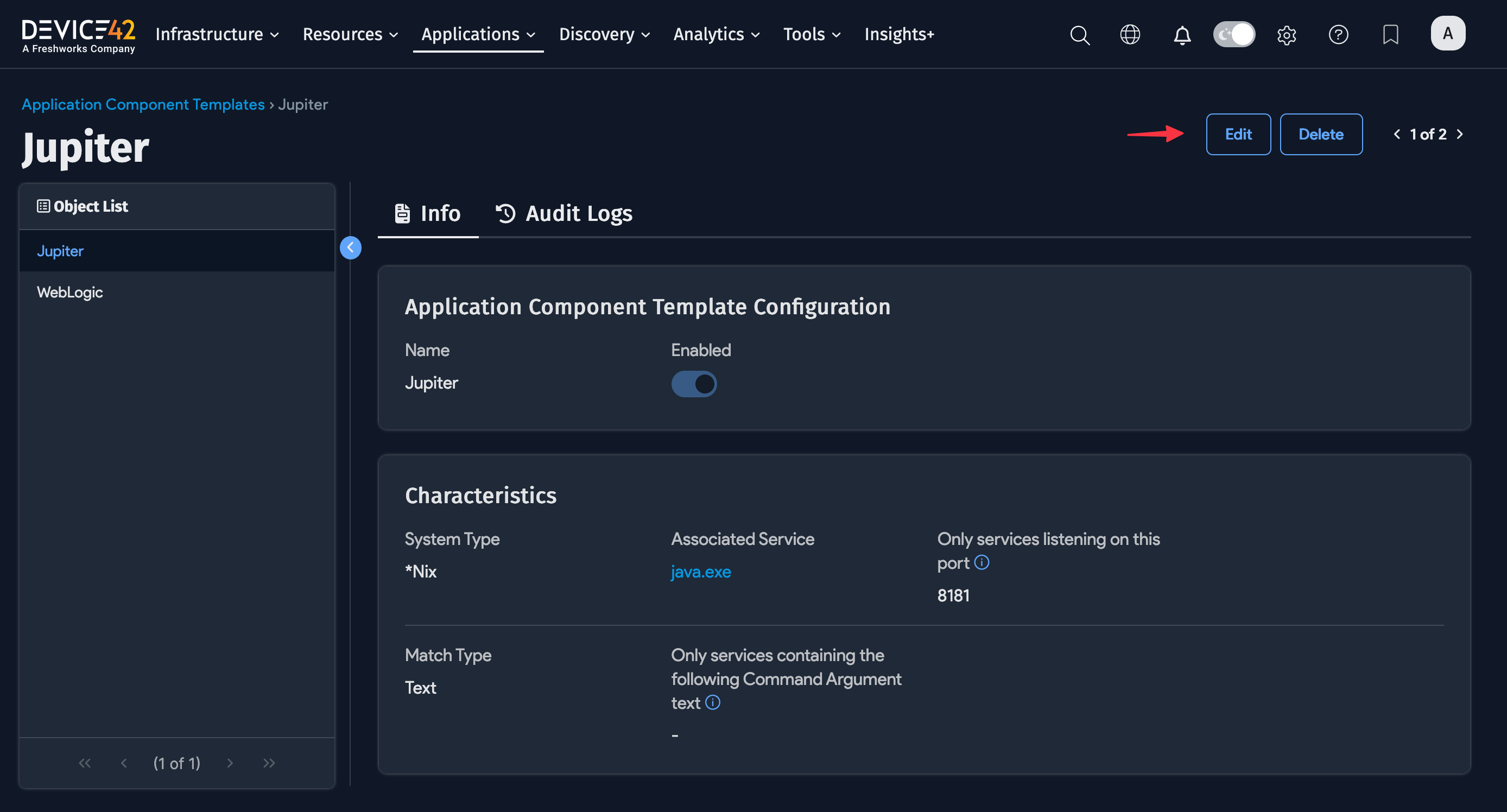 Info view of an Application Component Template