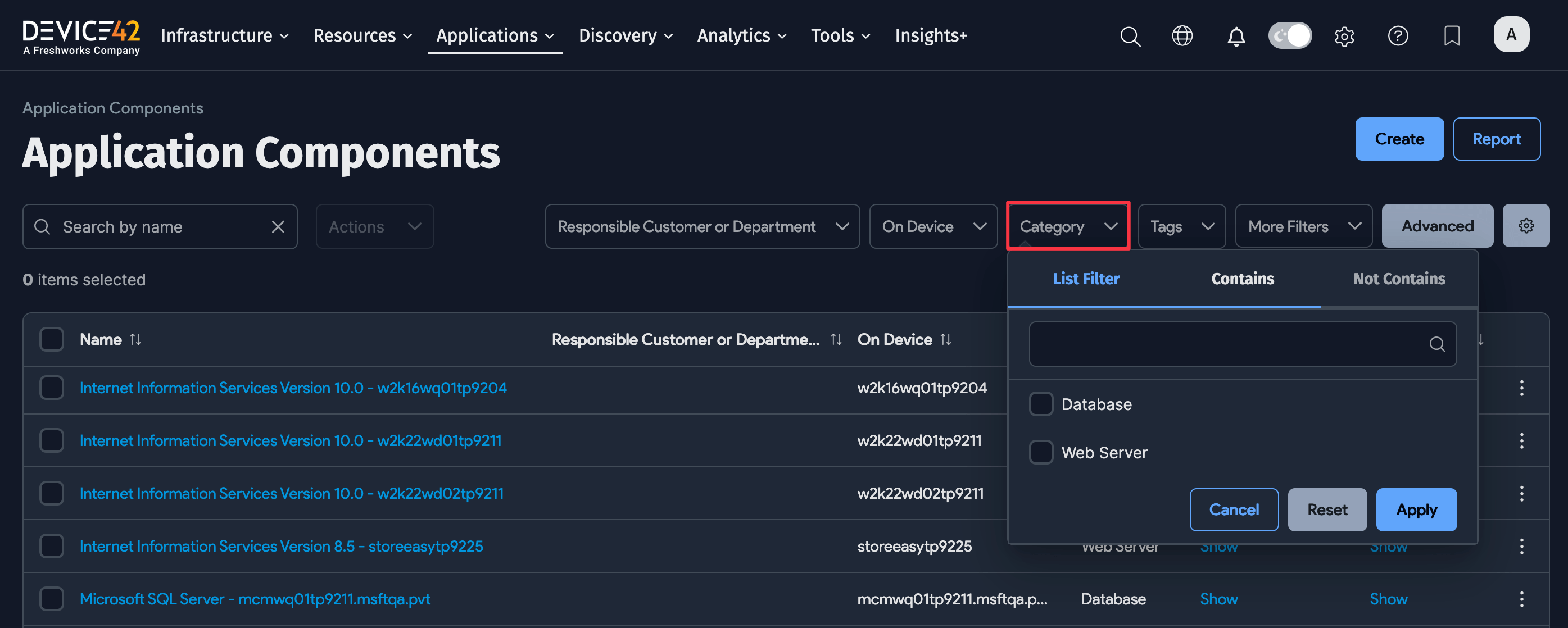 Application components list view