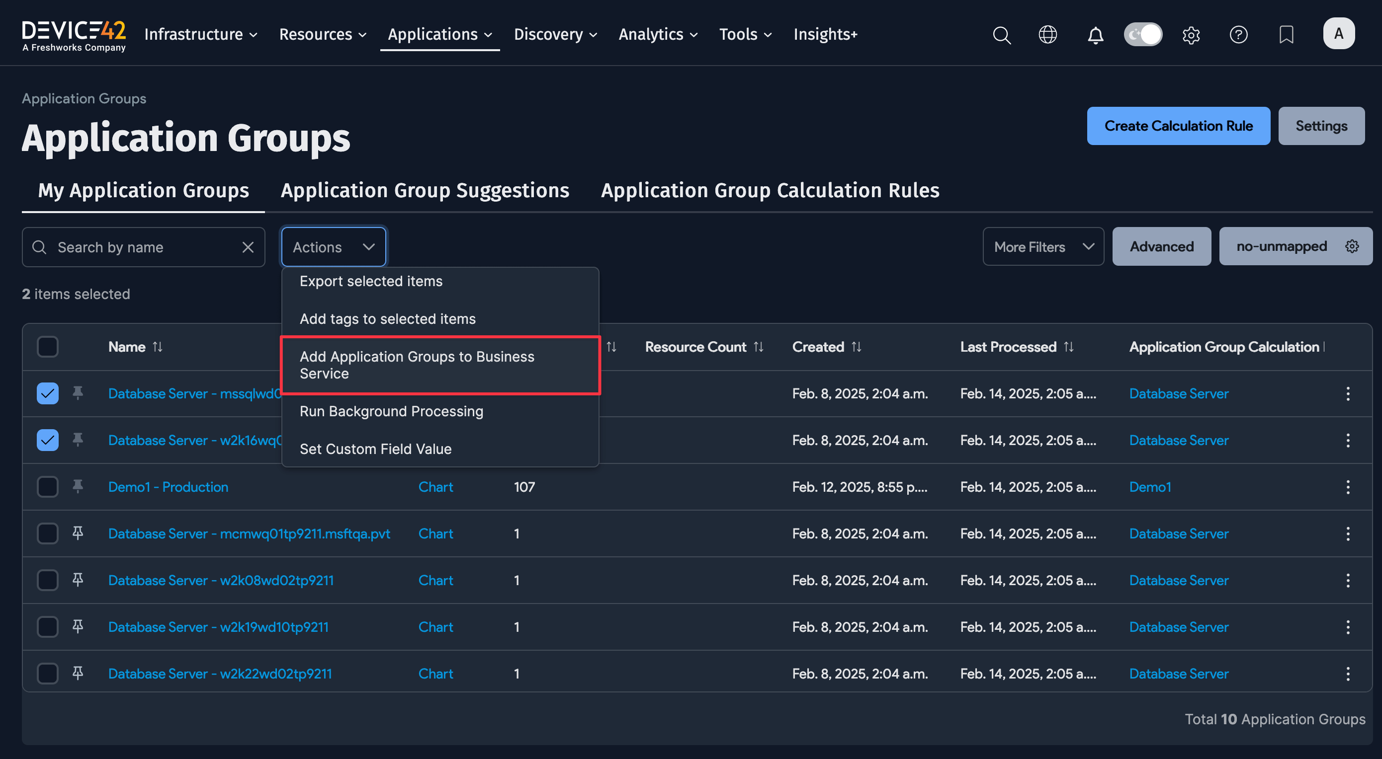 Add to Business Service action