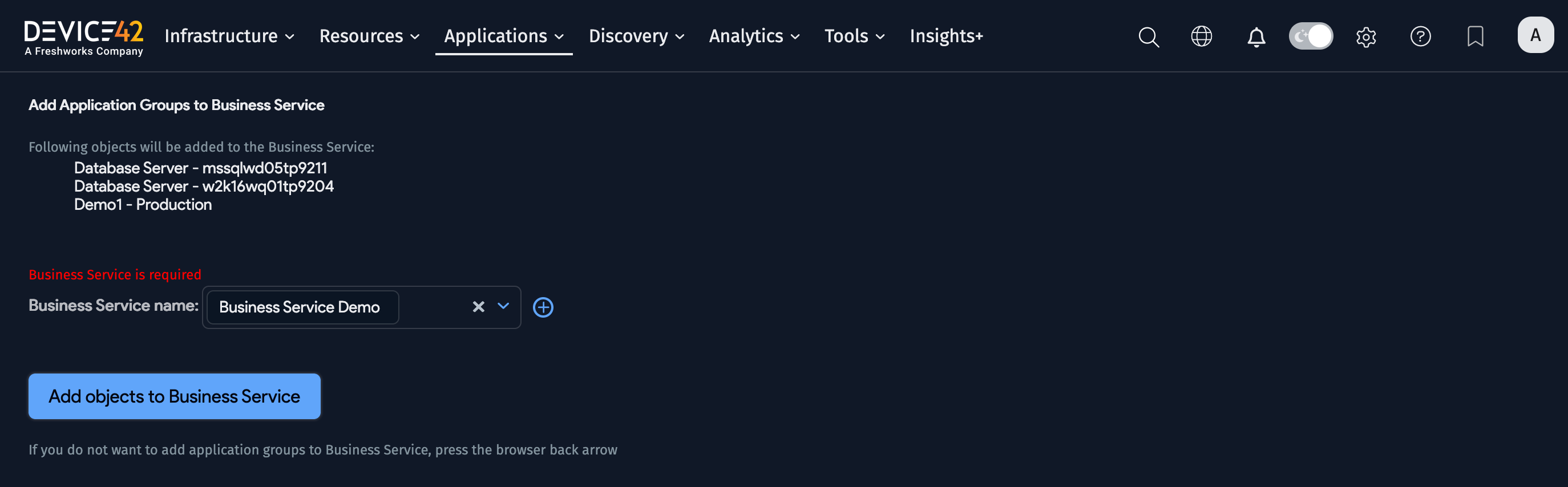 Add to Business Service confirm