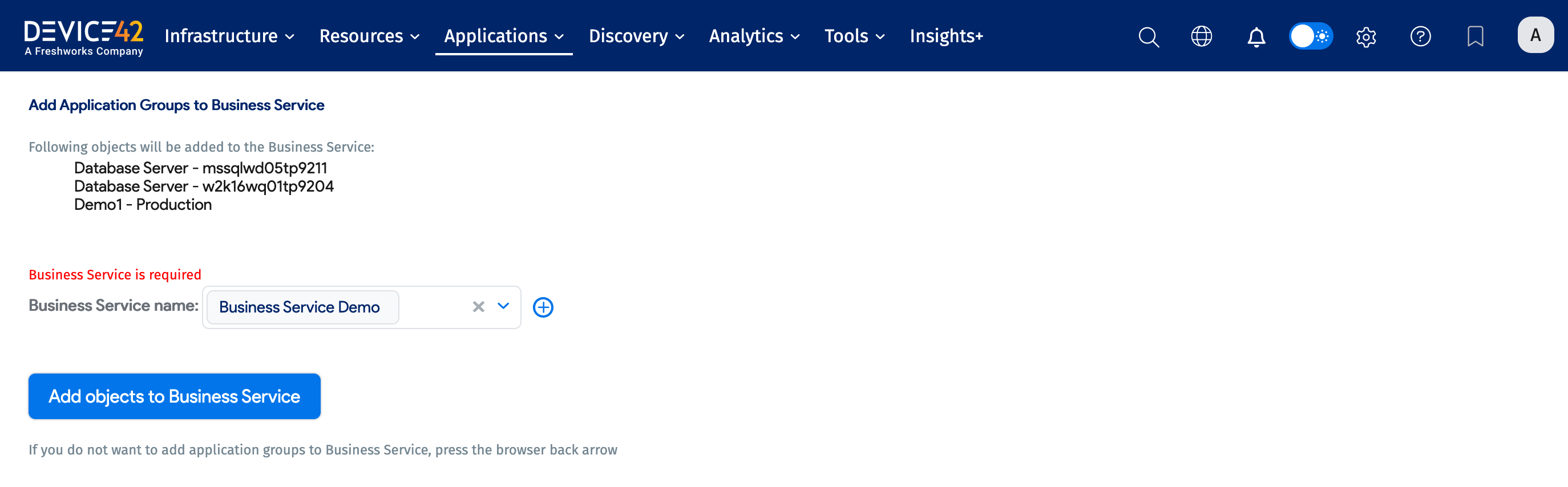 Add to Business Service confirm