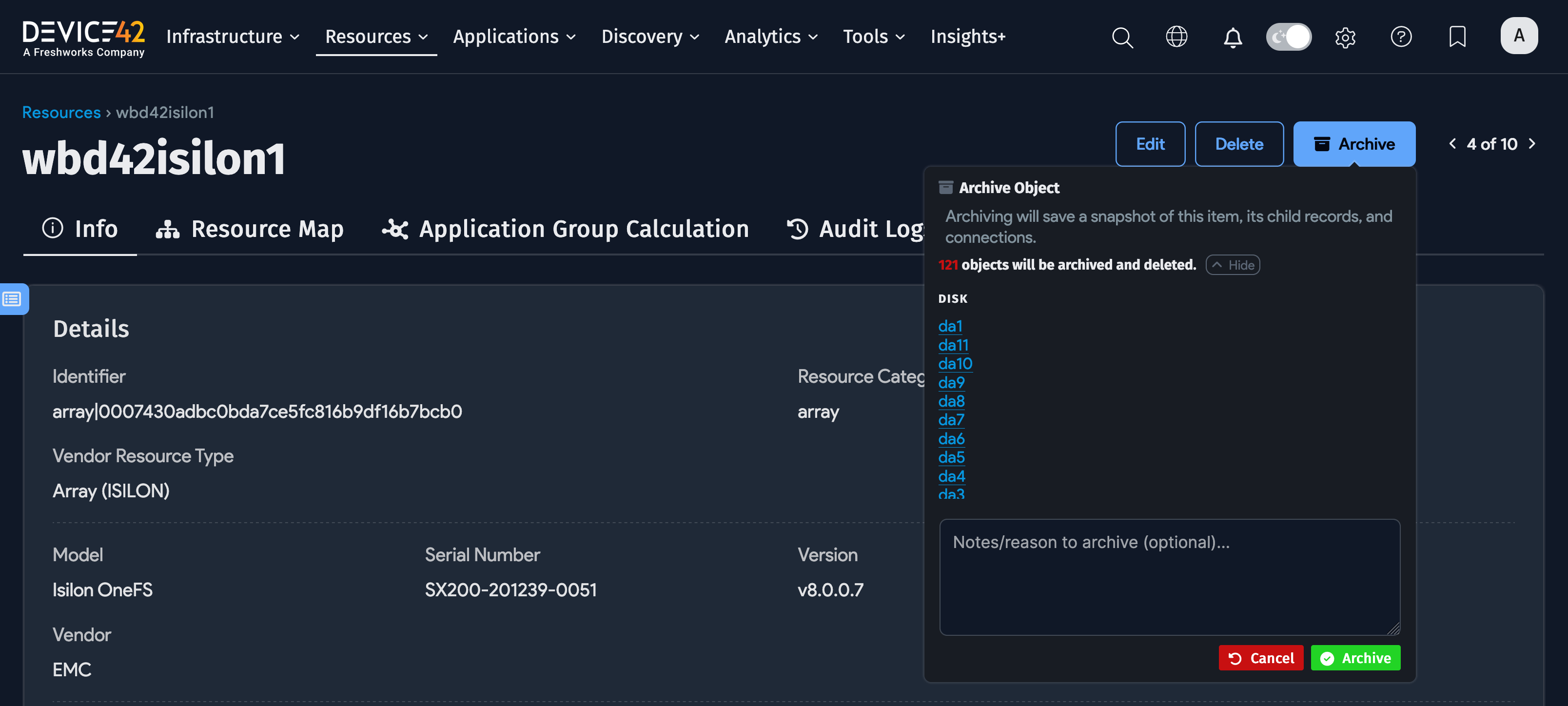 Archive resource popup