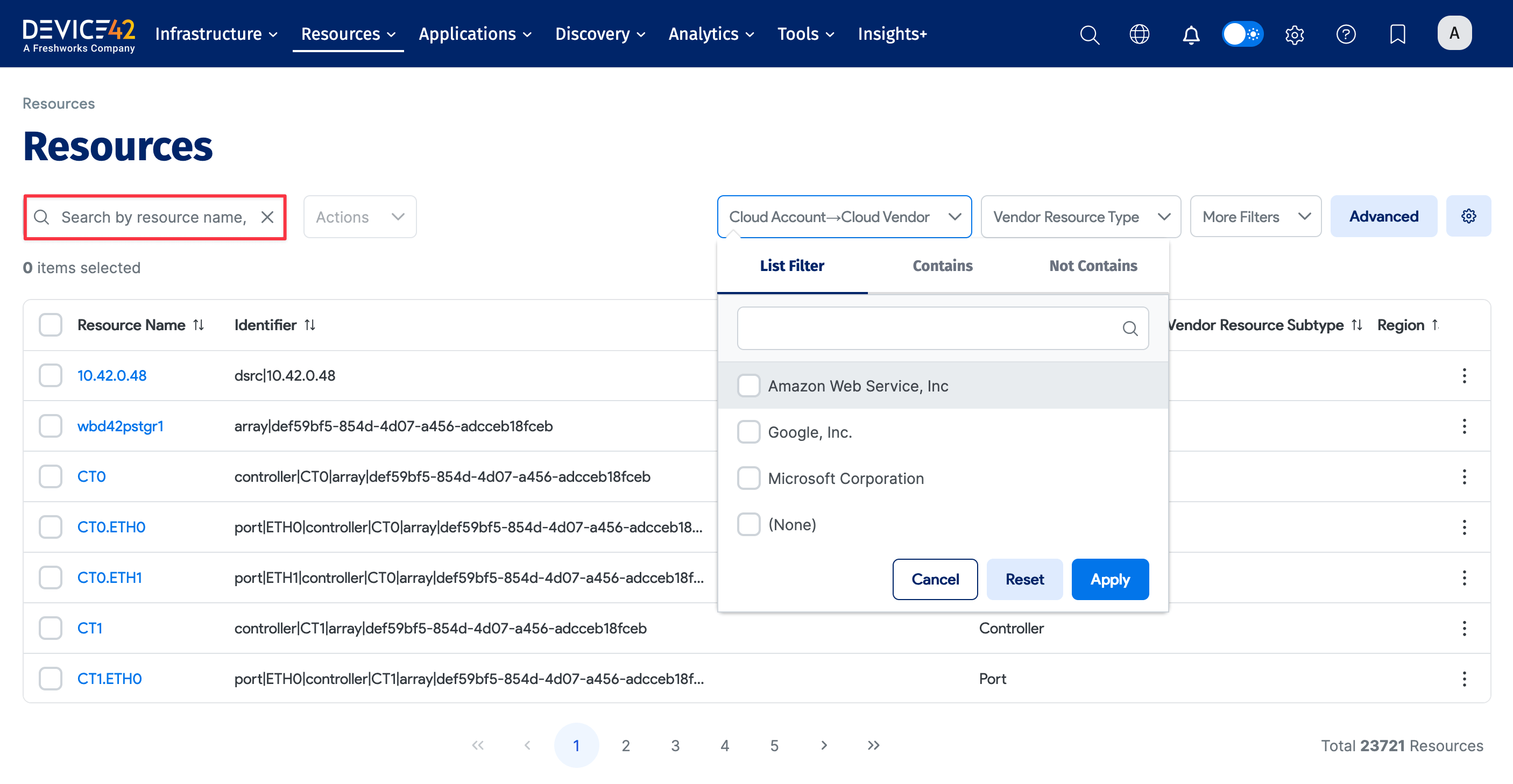 Resources search and filter options