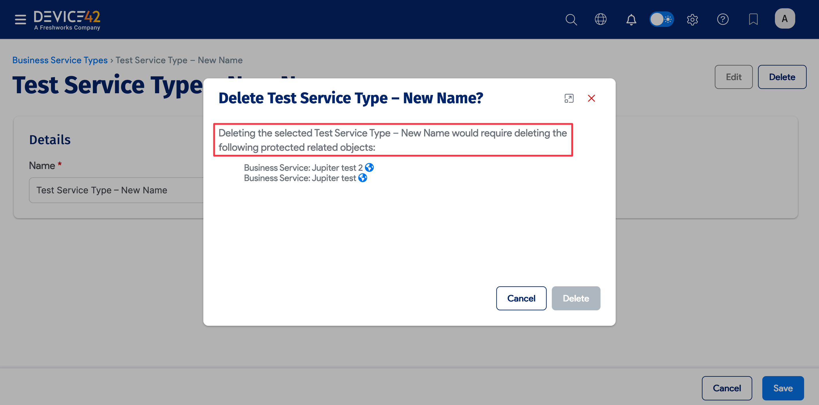 Delete Business Service Type