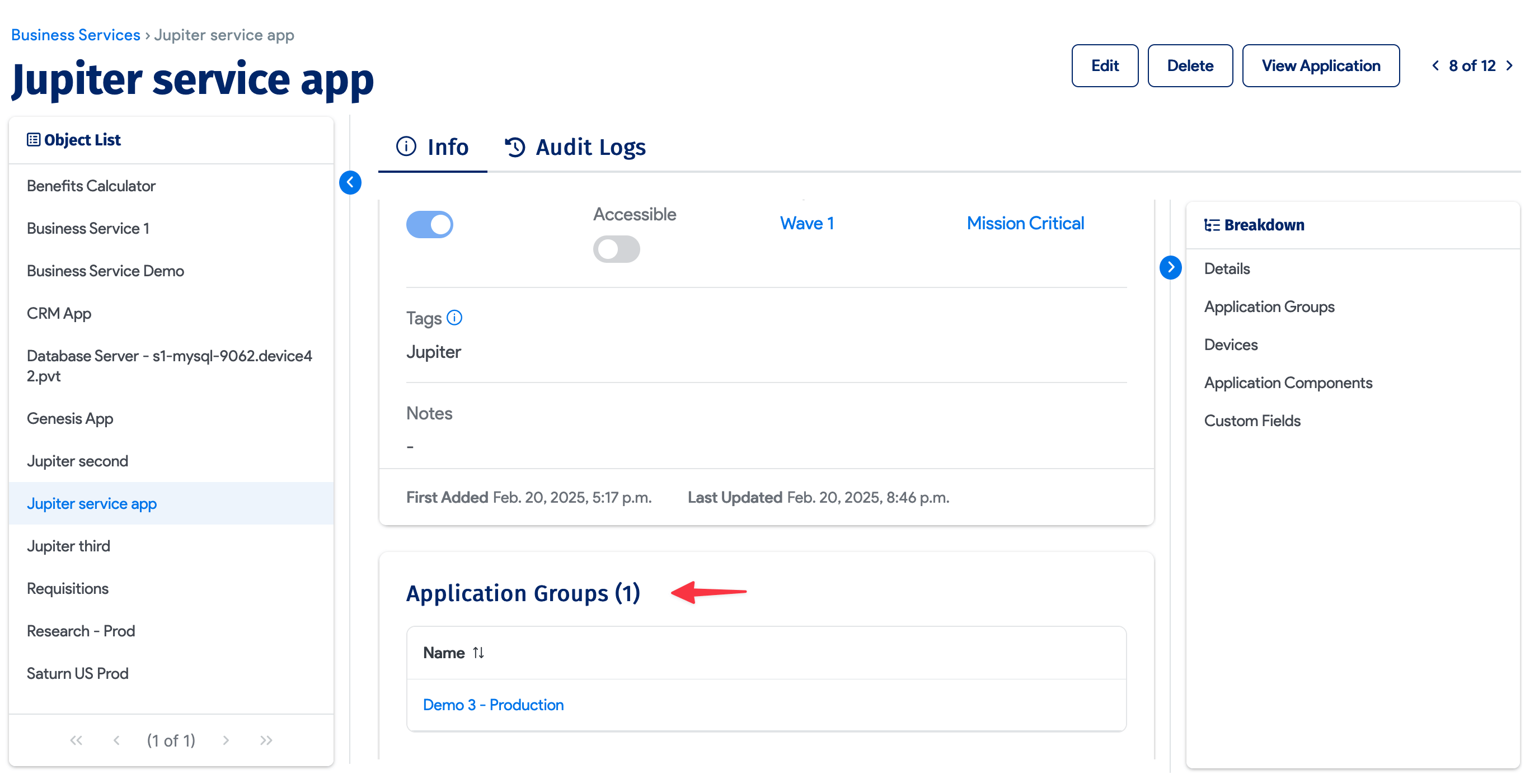 Business Service with Application Group