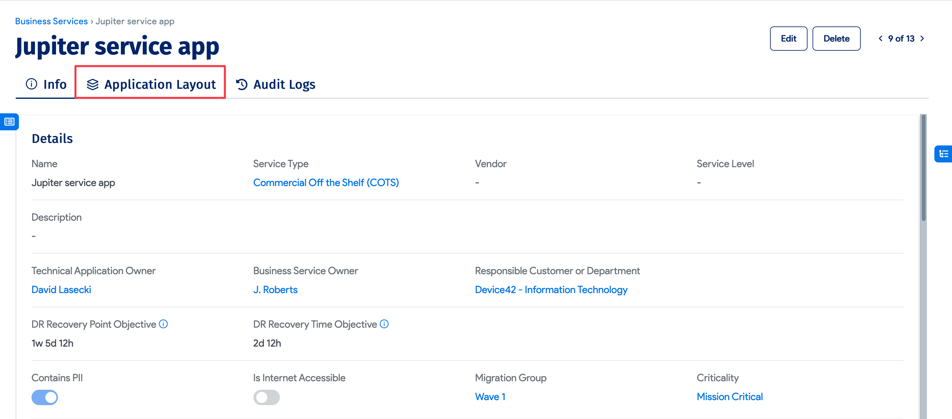 View Application Layout button