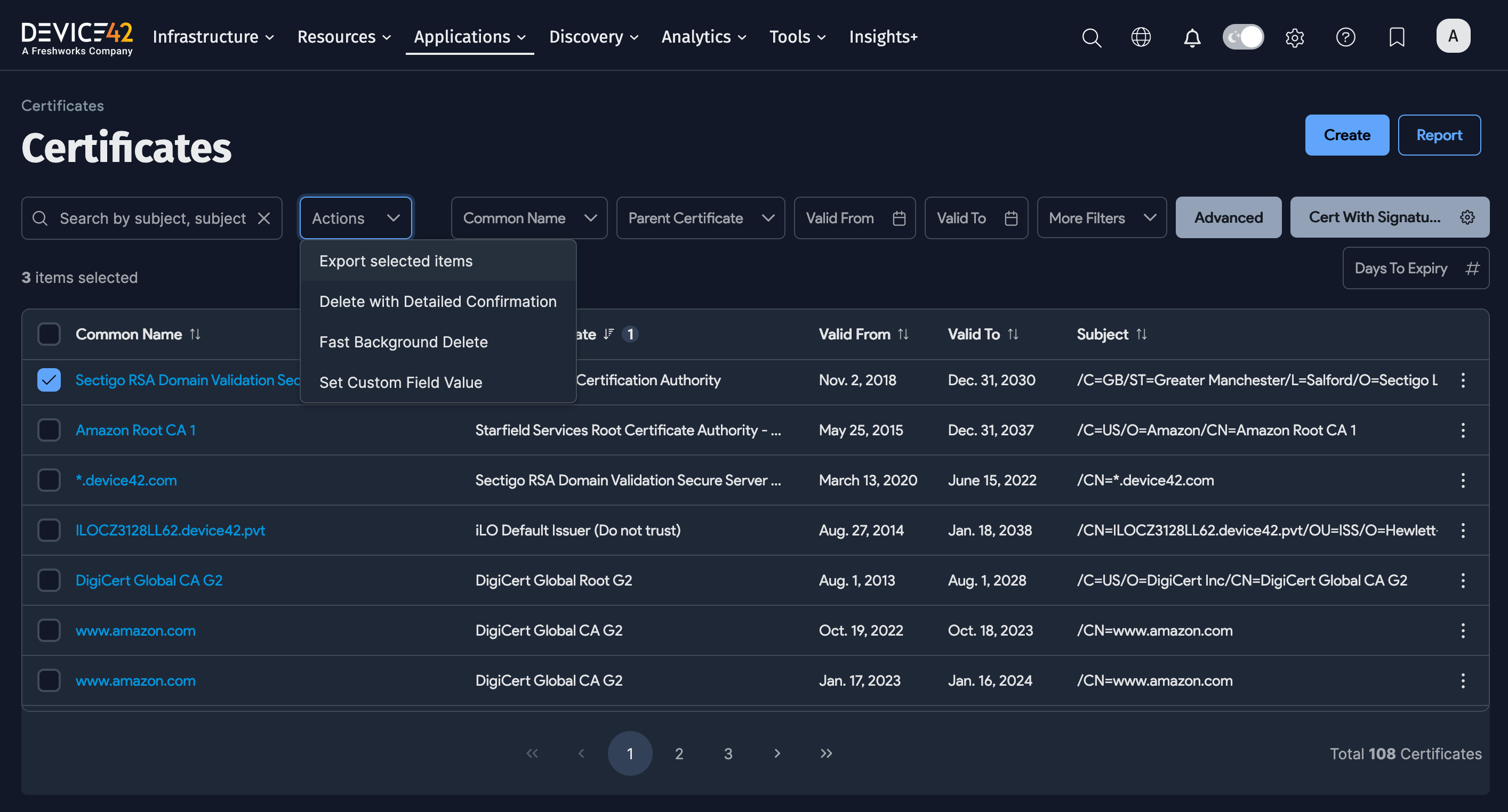Certificate list page