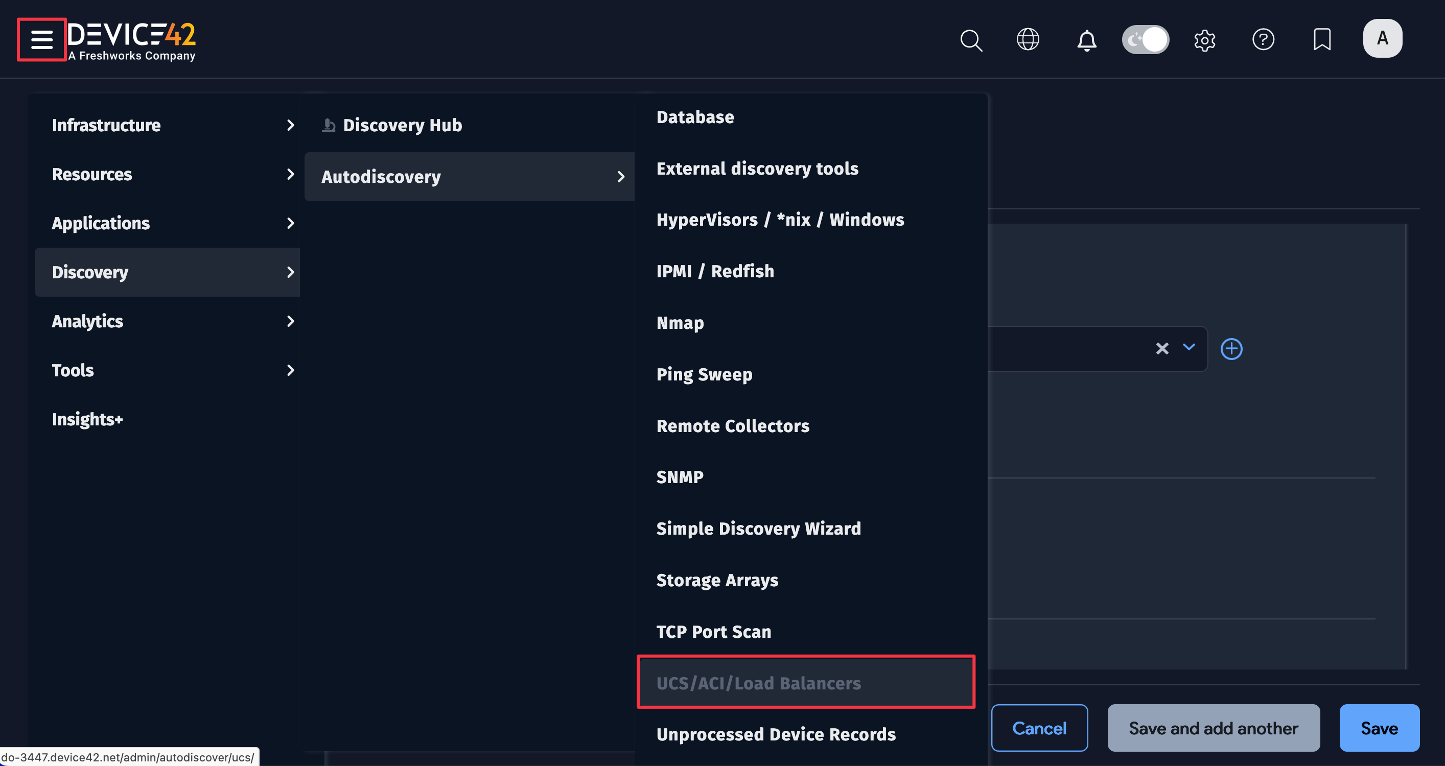 The UCS/ACI/Load Balancers menu