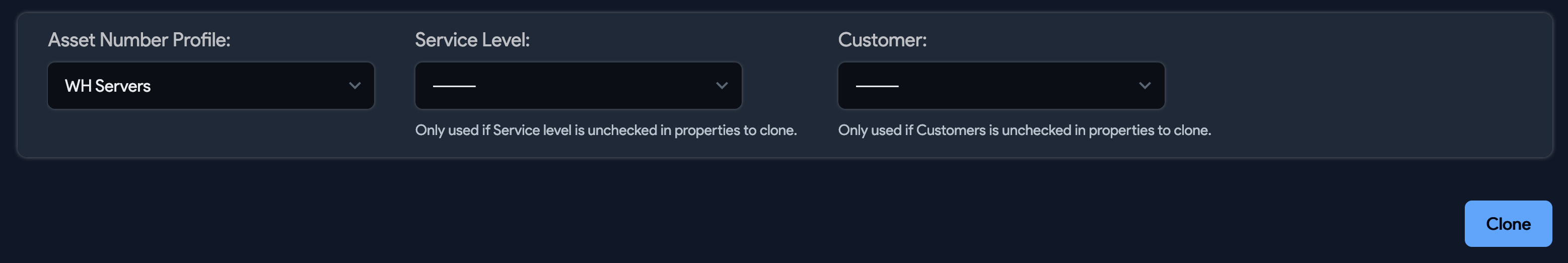 Other properties options and Clone button