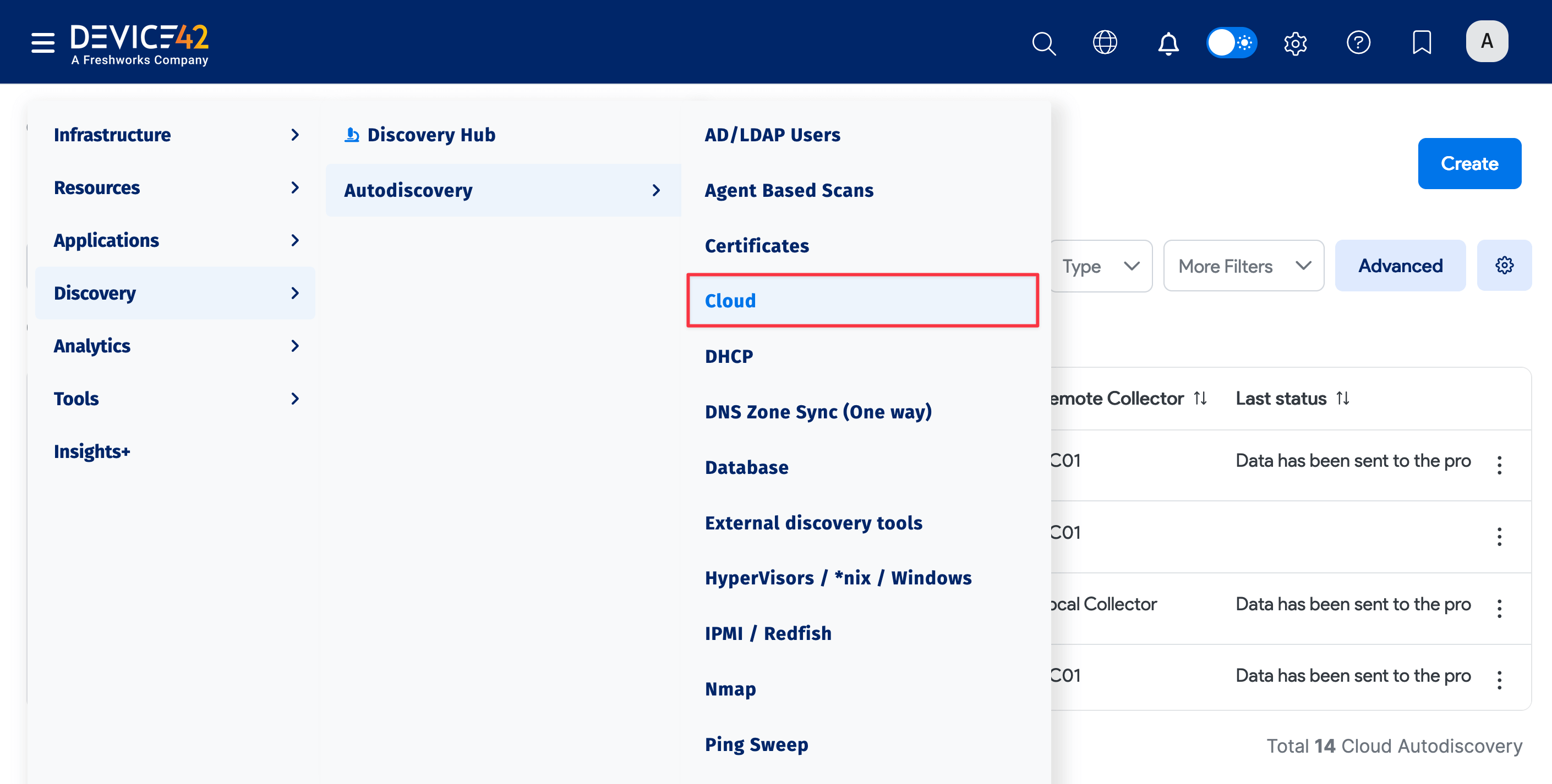 Cloud Discovery menu