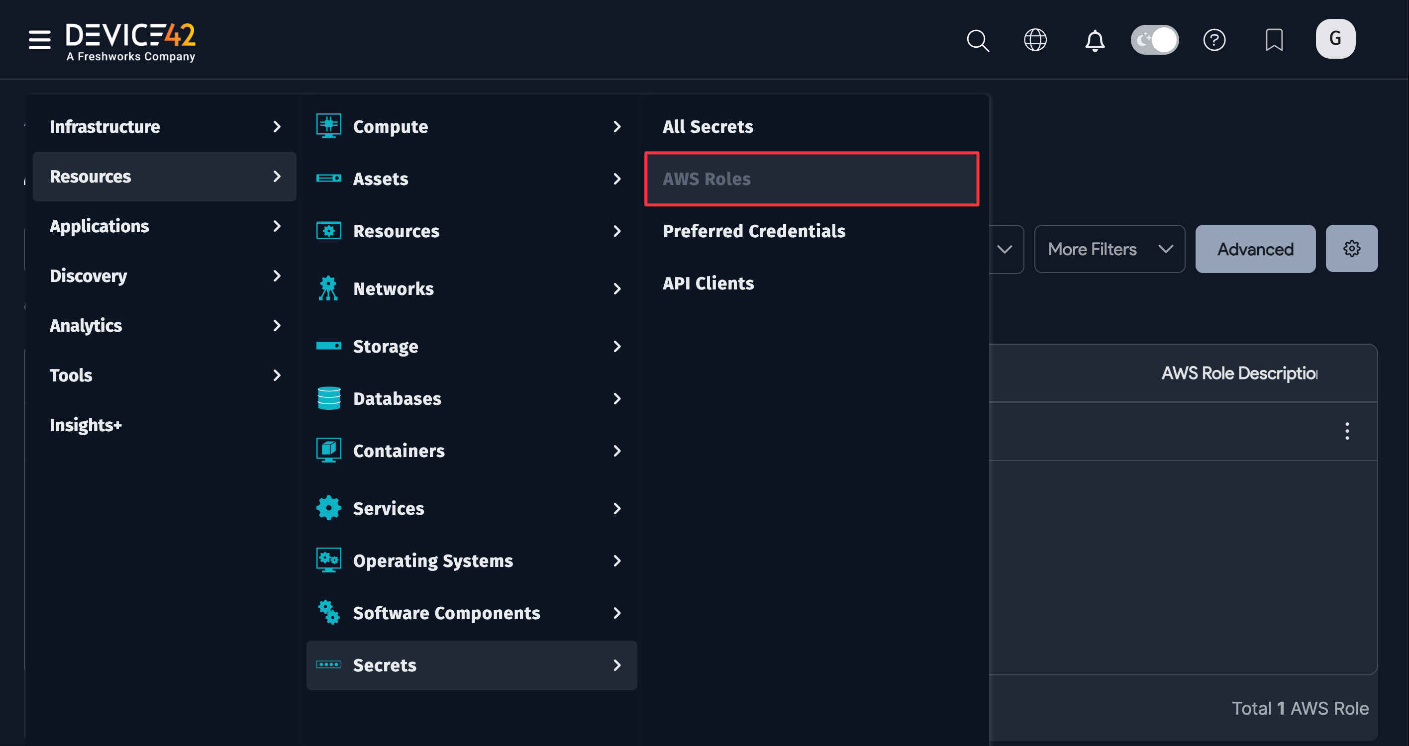 Choose AWS Roles menu item