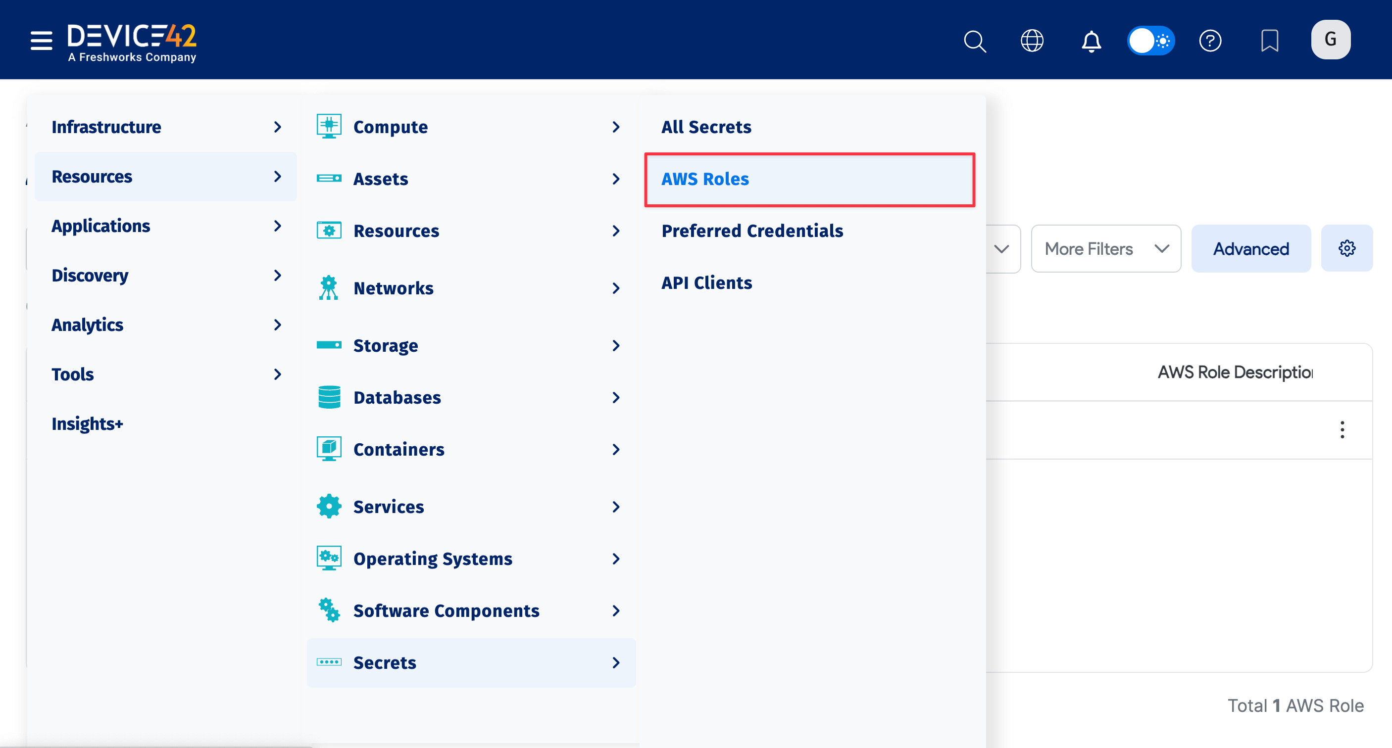 Choose AWS Roles menu item