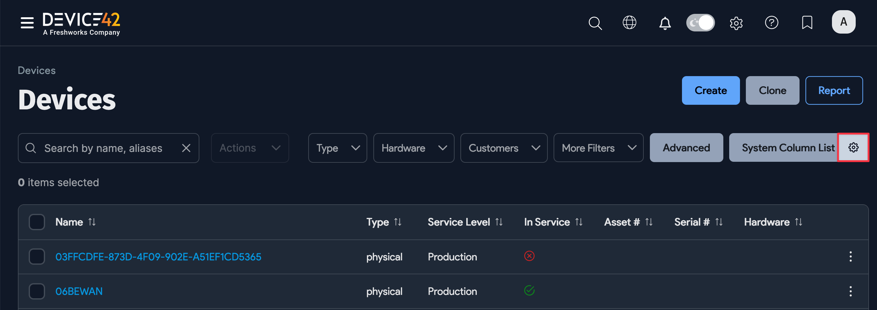 Gear icon on Devices list page