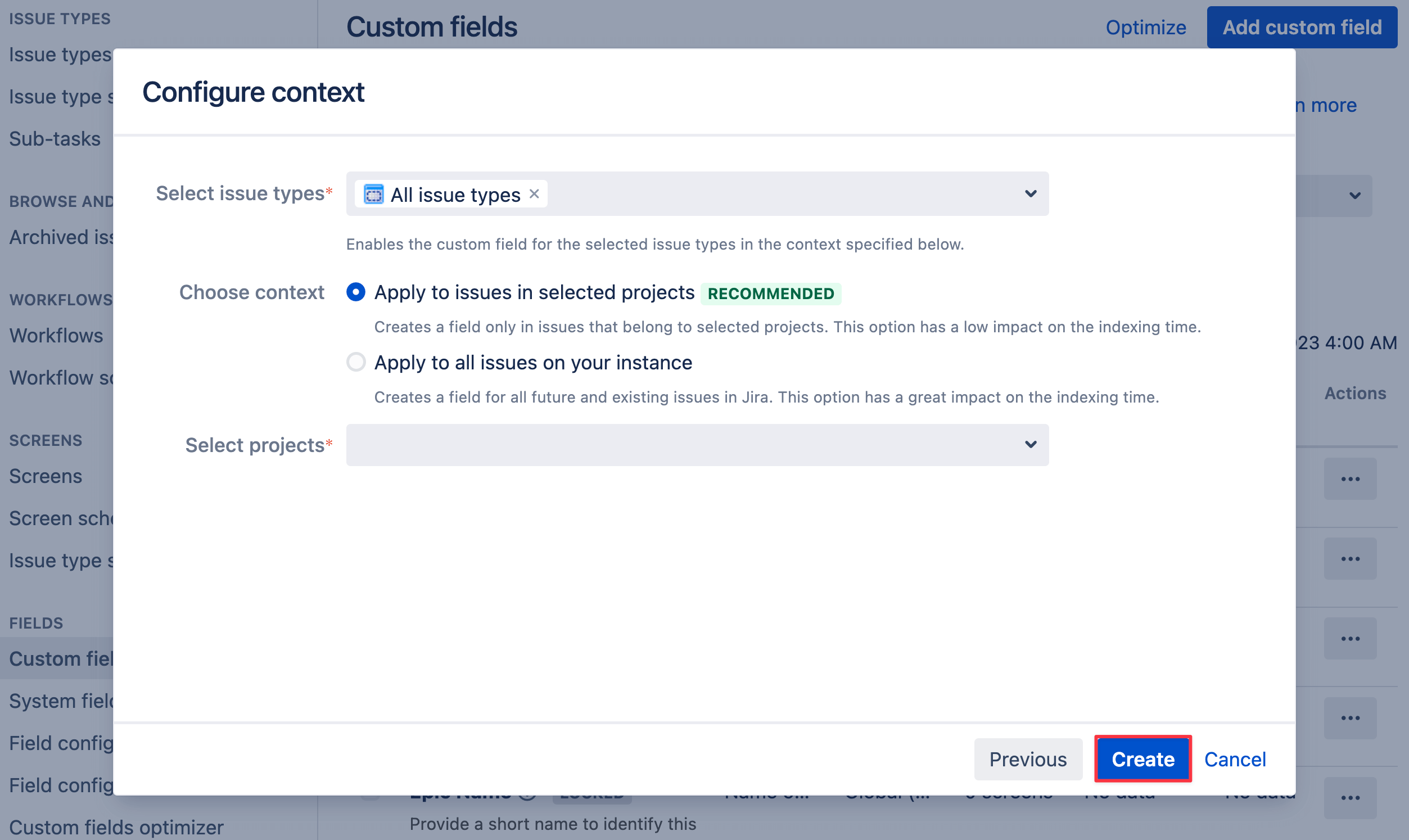Add custom field button dialog box