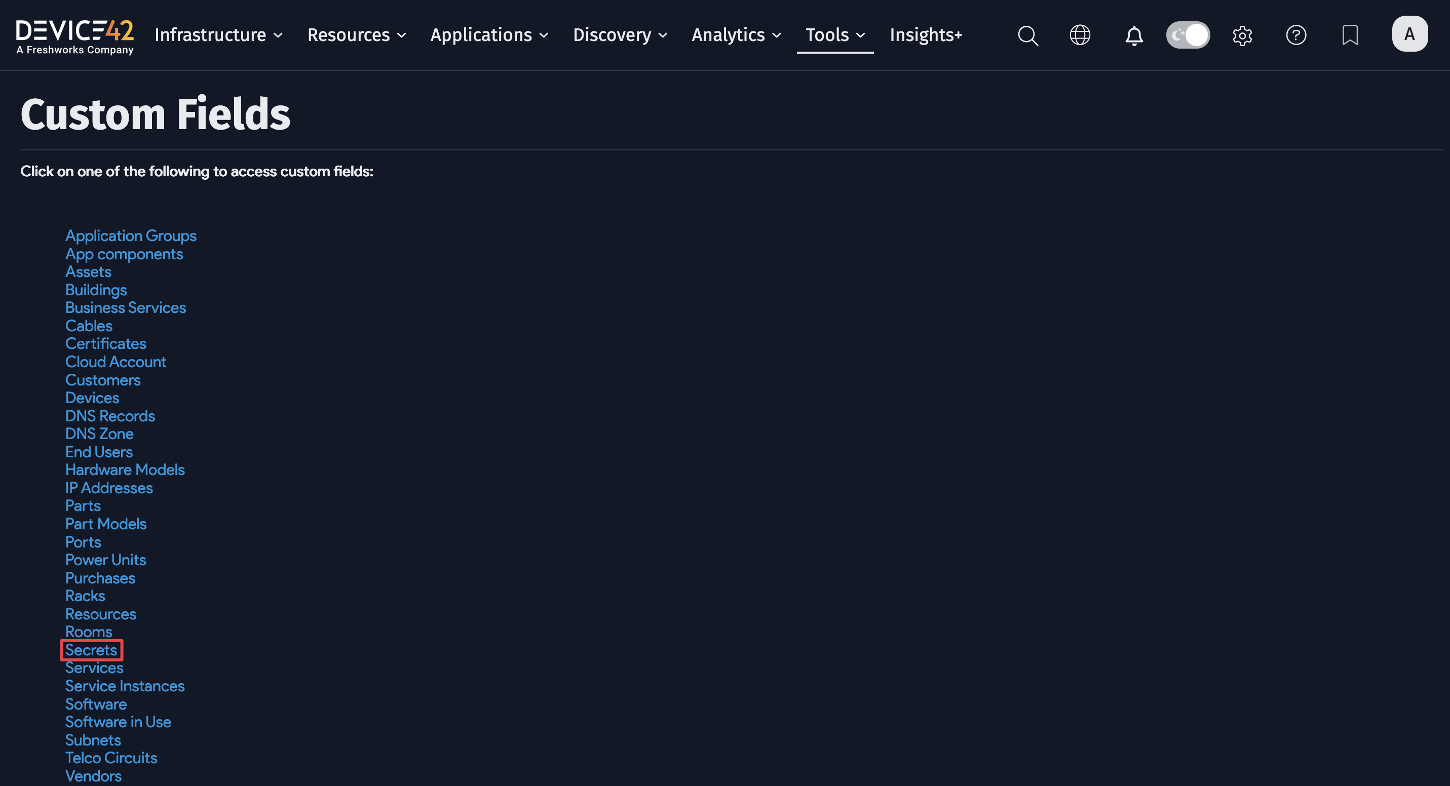 Secrets link on Custom Fields page