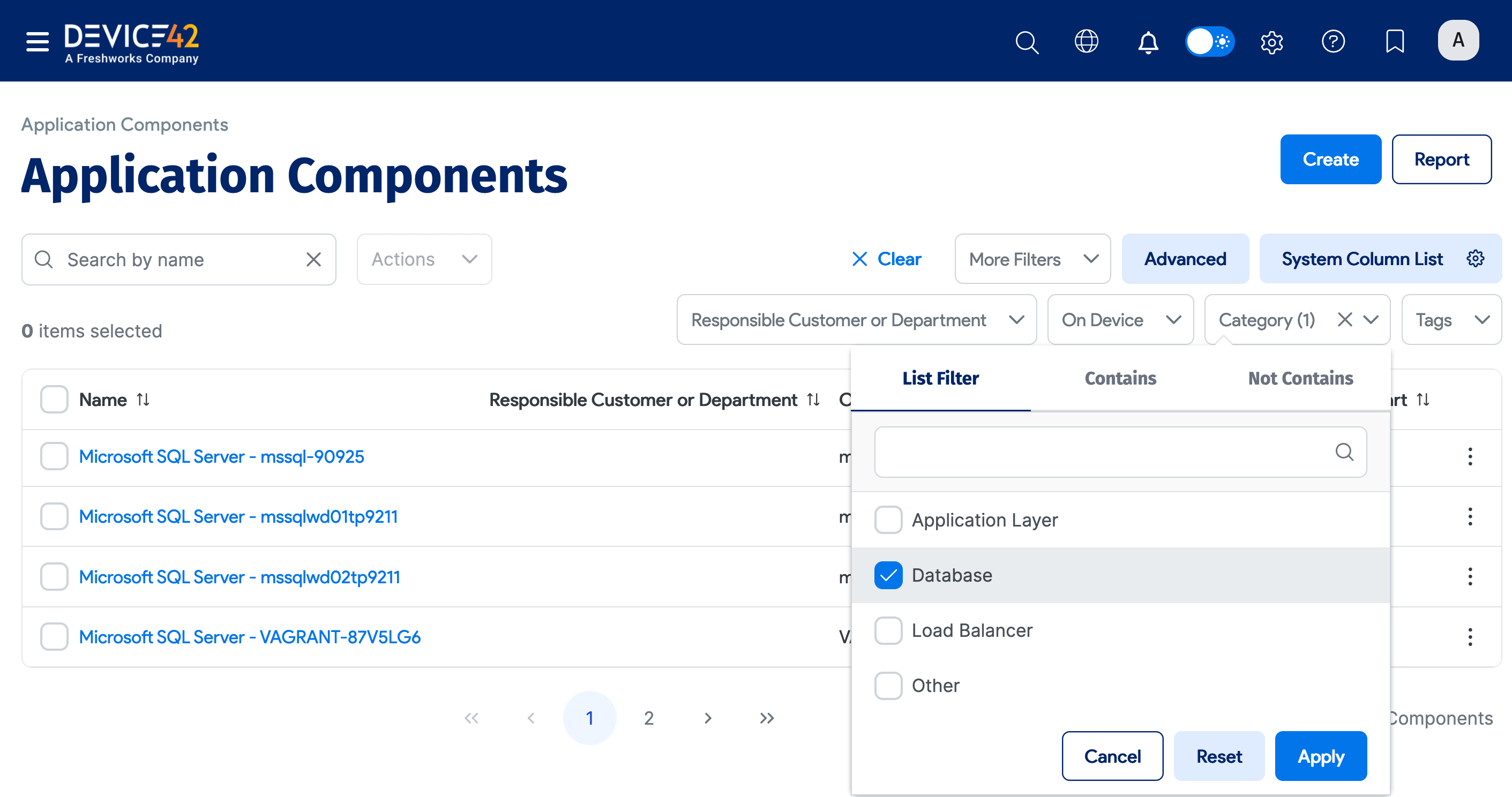 Application Components list page