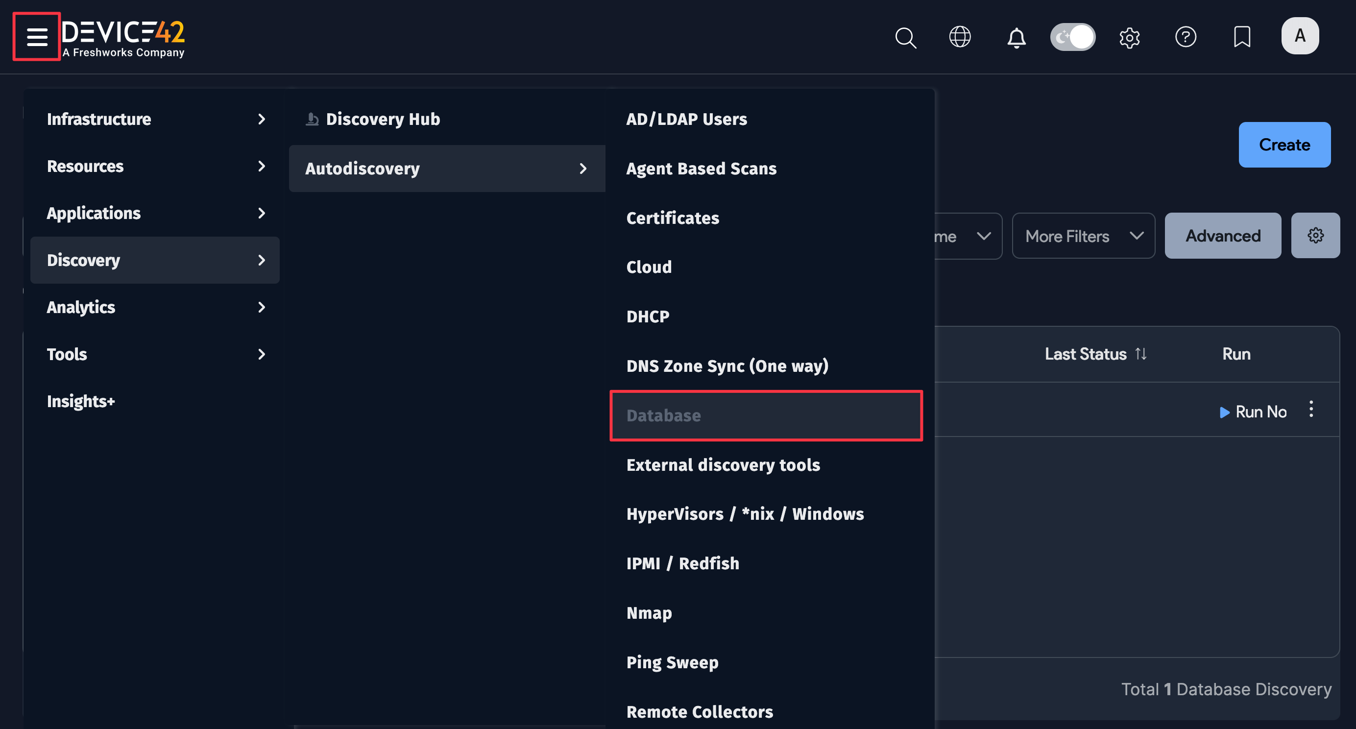 Database Discoveries menu