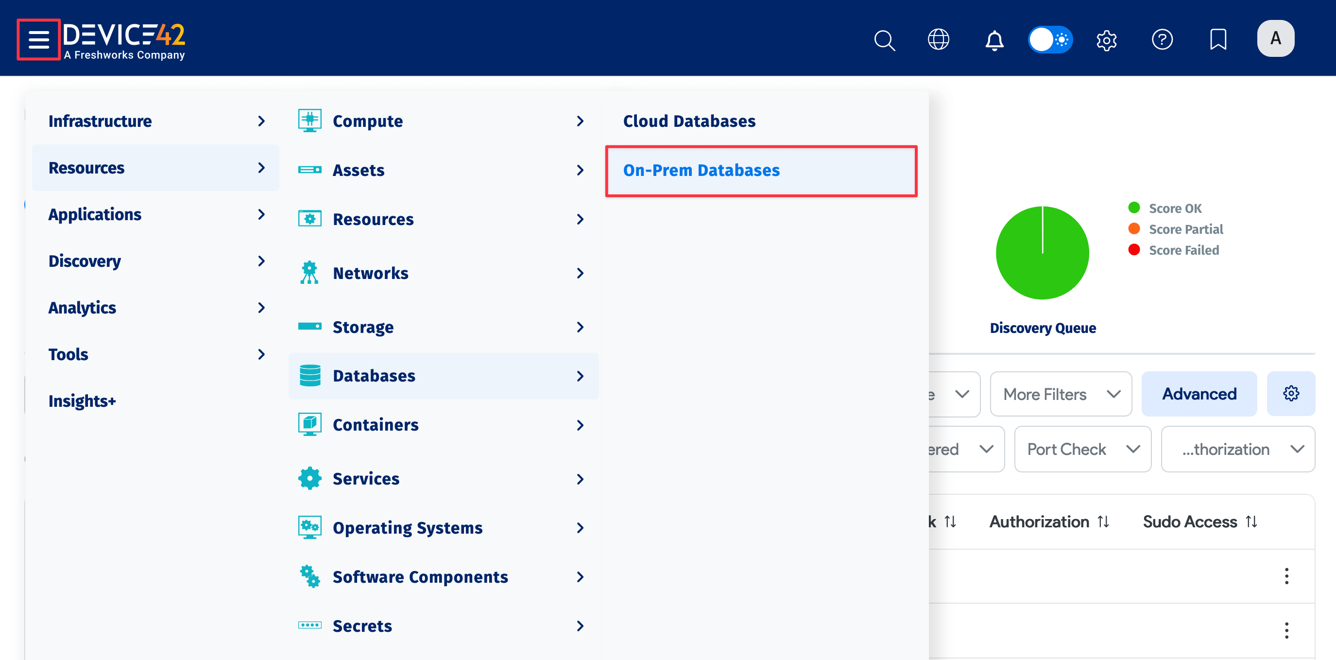 On-Prem Databases menu location