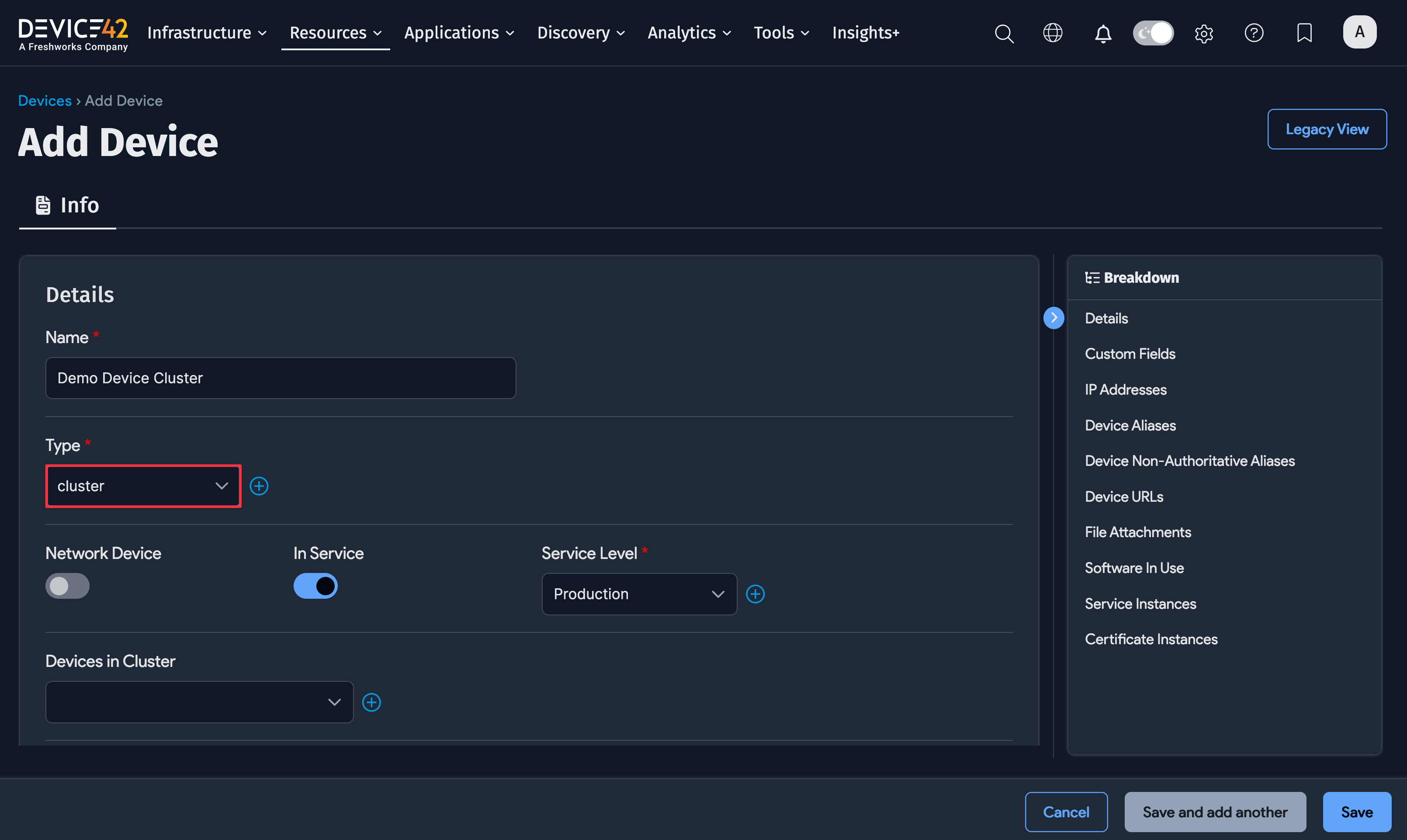 Adding a cluster-type device