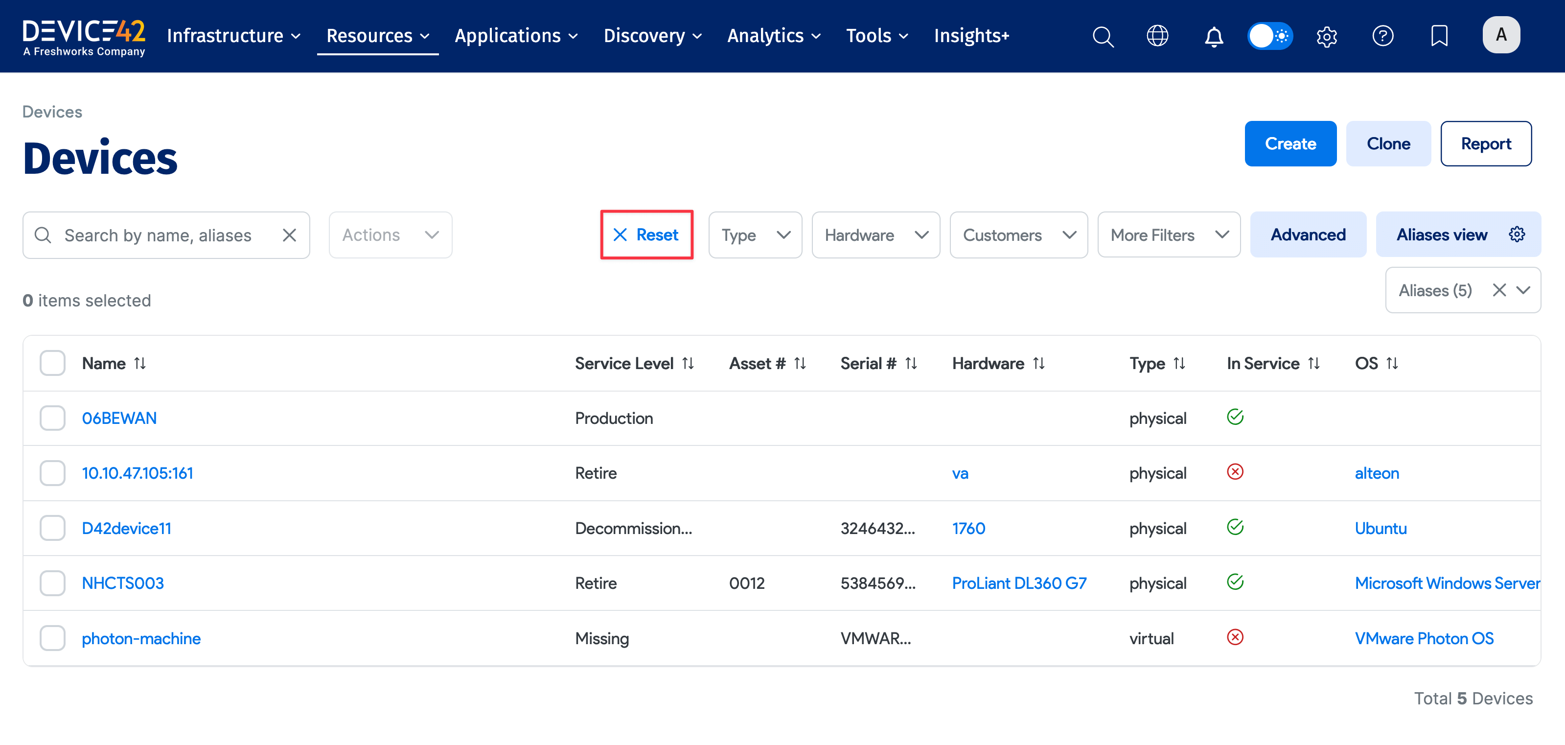 Reset filters option