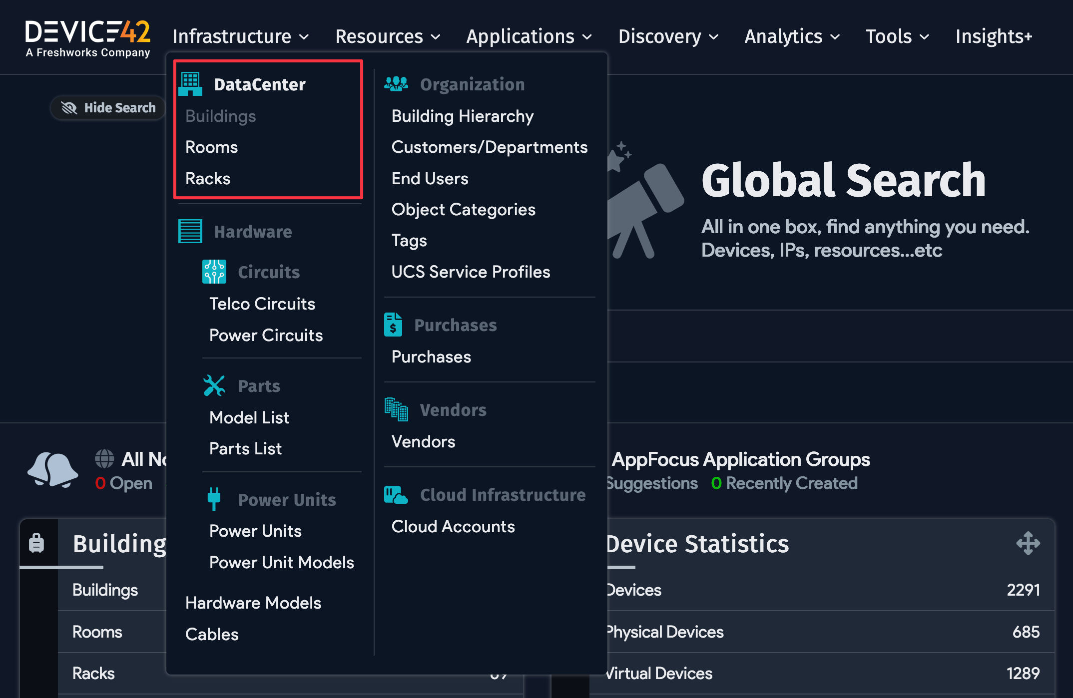 Device42 Infrastructure menu