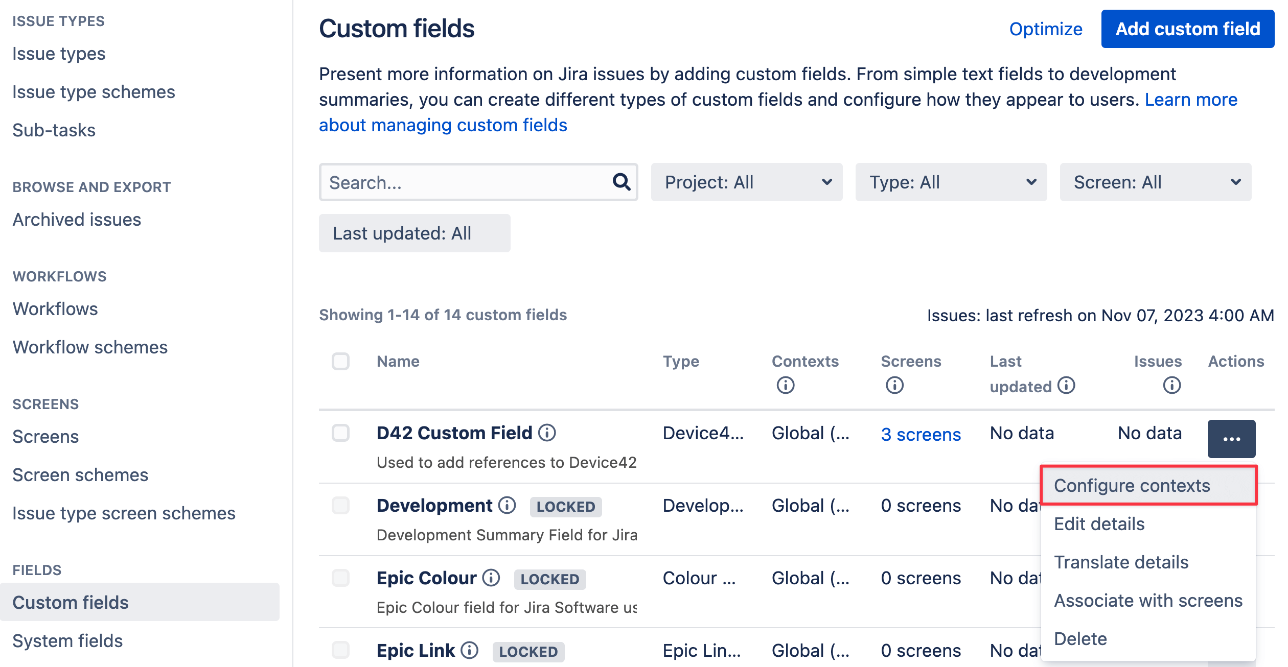 Add custom field button dialog box