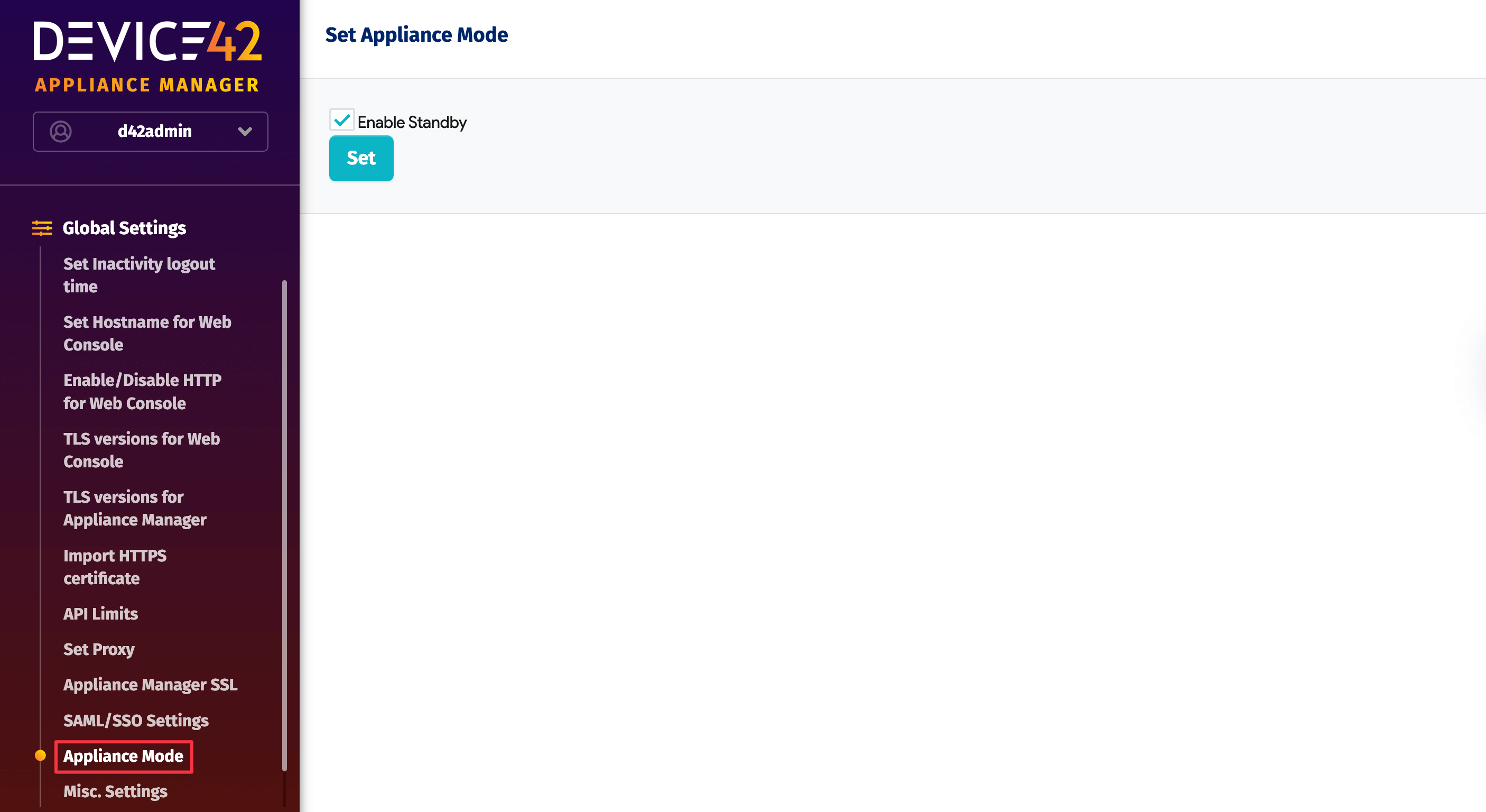 Enable standby in Appliance Manager