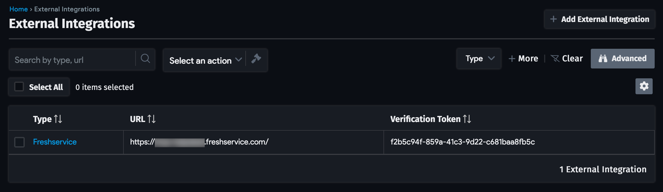 External integrations list page
