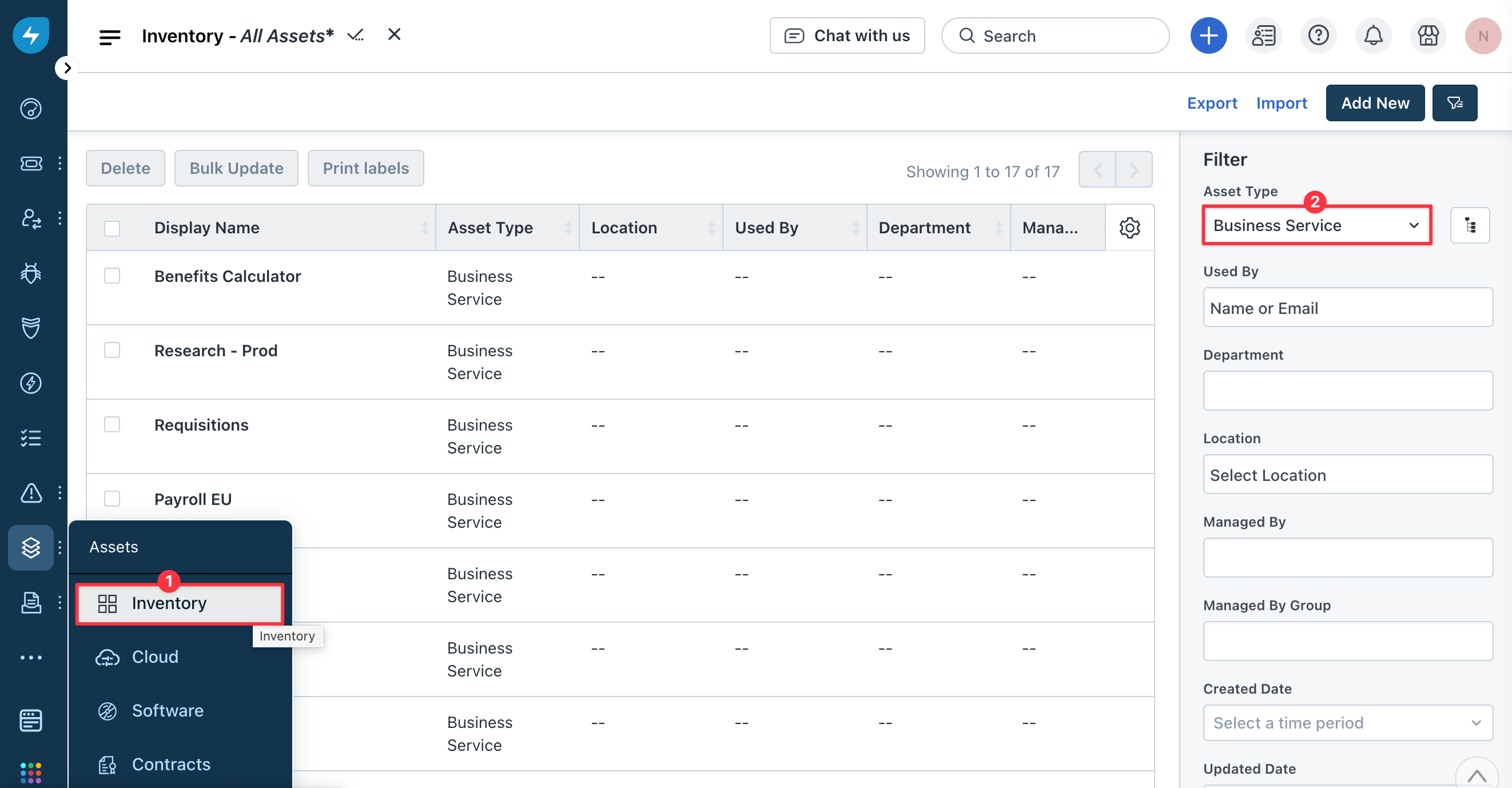 Business Services in Freshservice