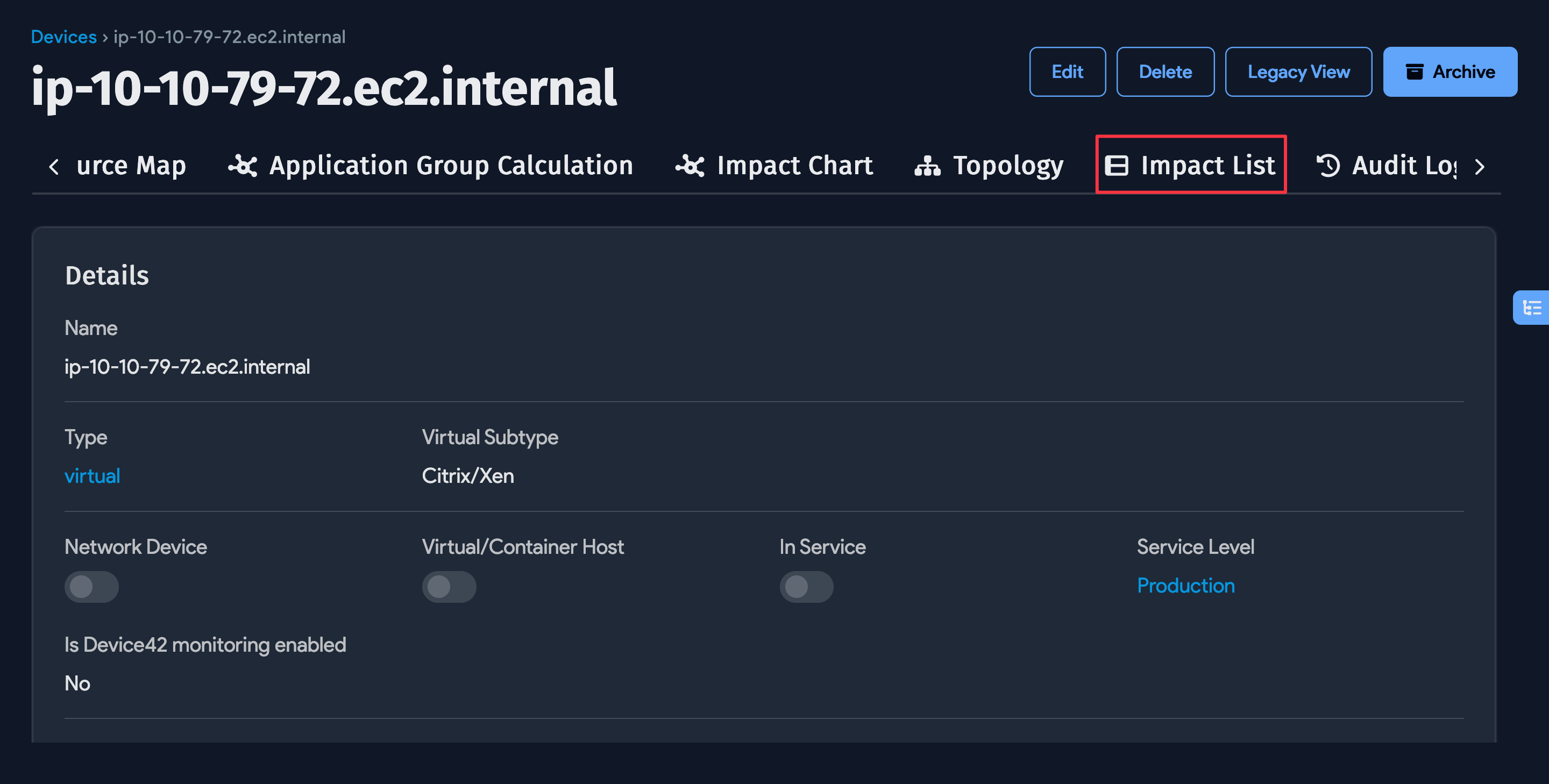 View device impact list