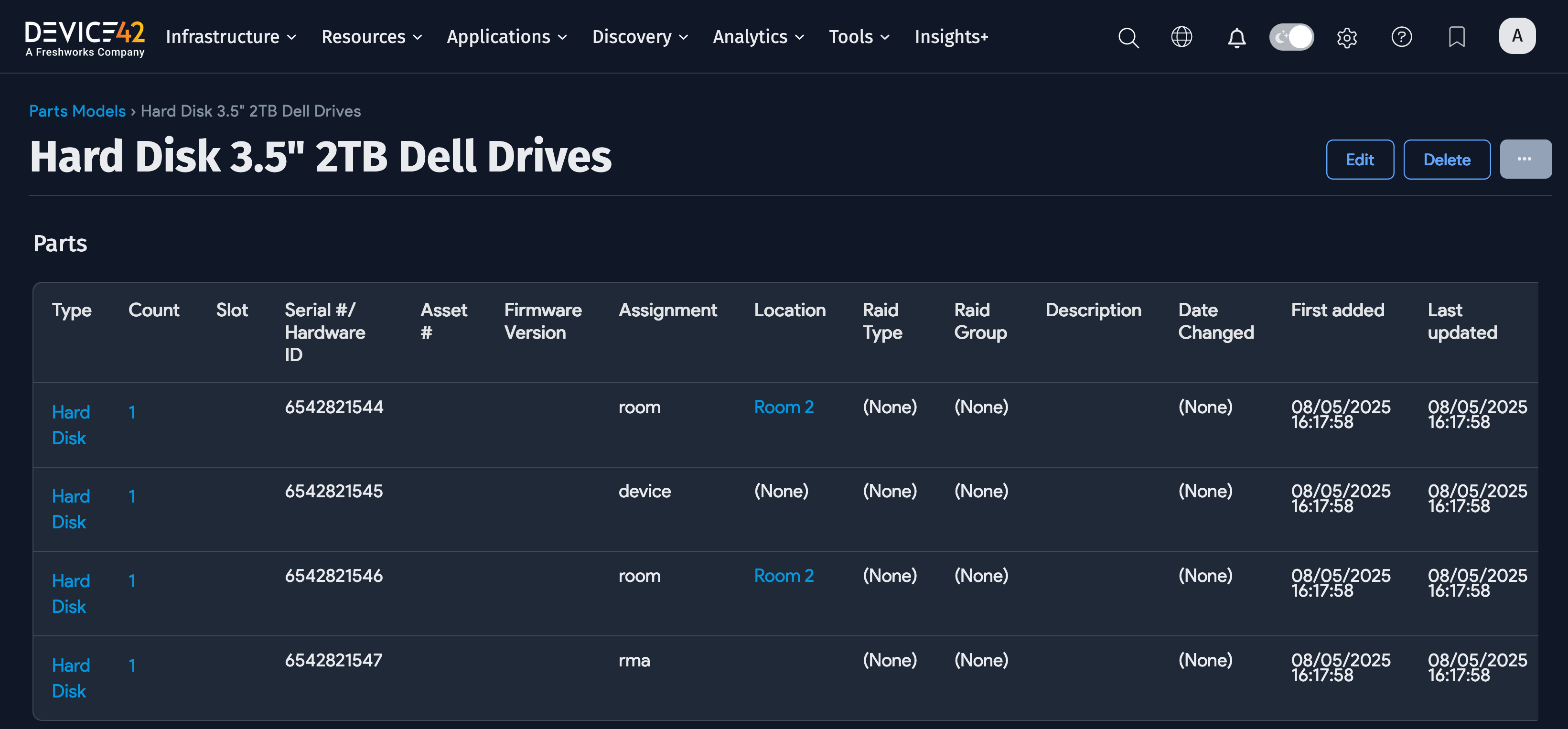 Parts list showing imported serial numbered parts
