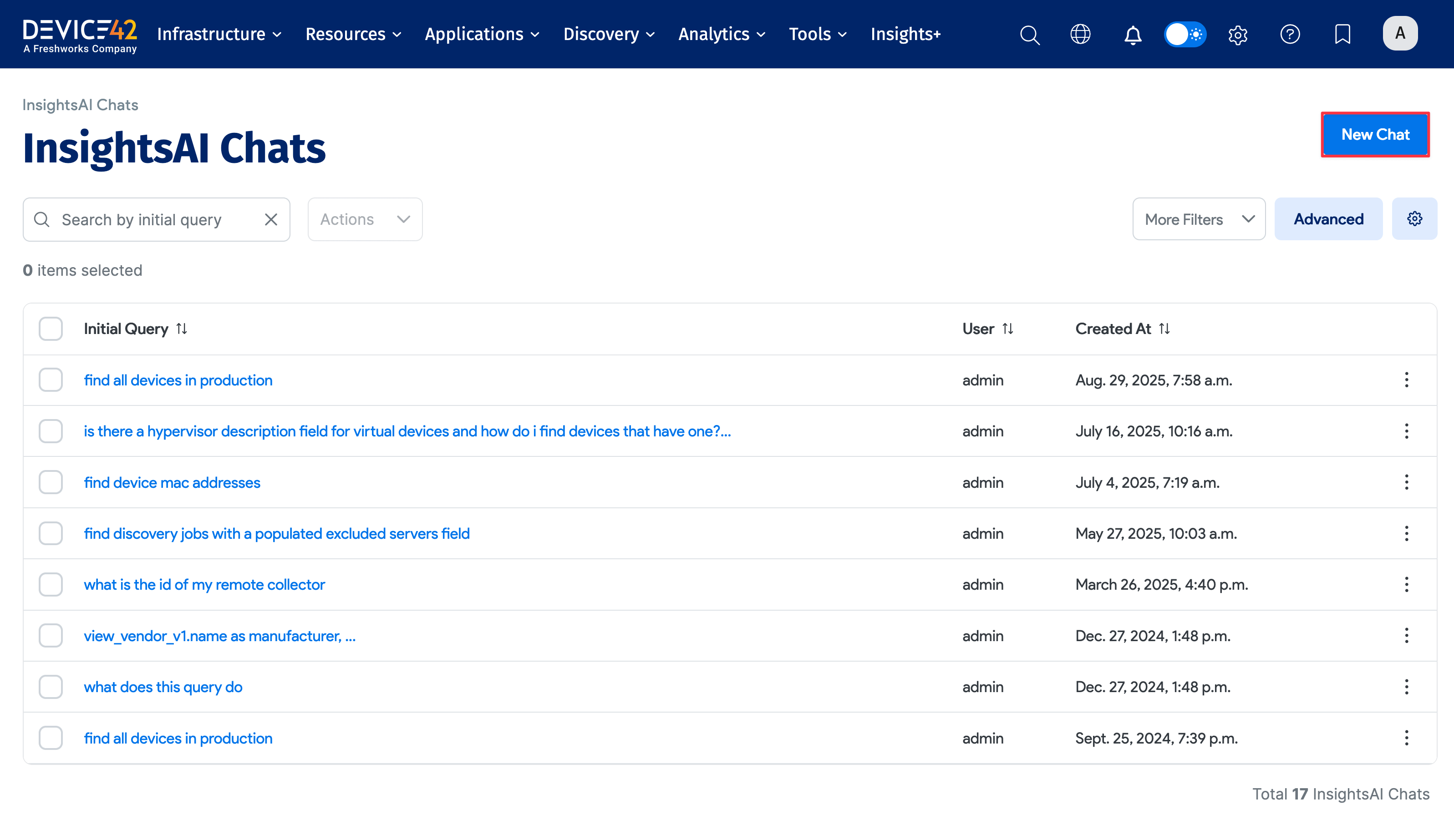 InsightsAI Chats list page