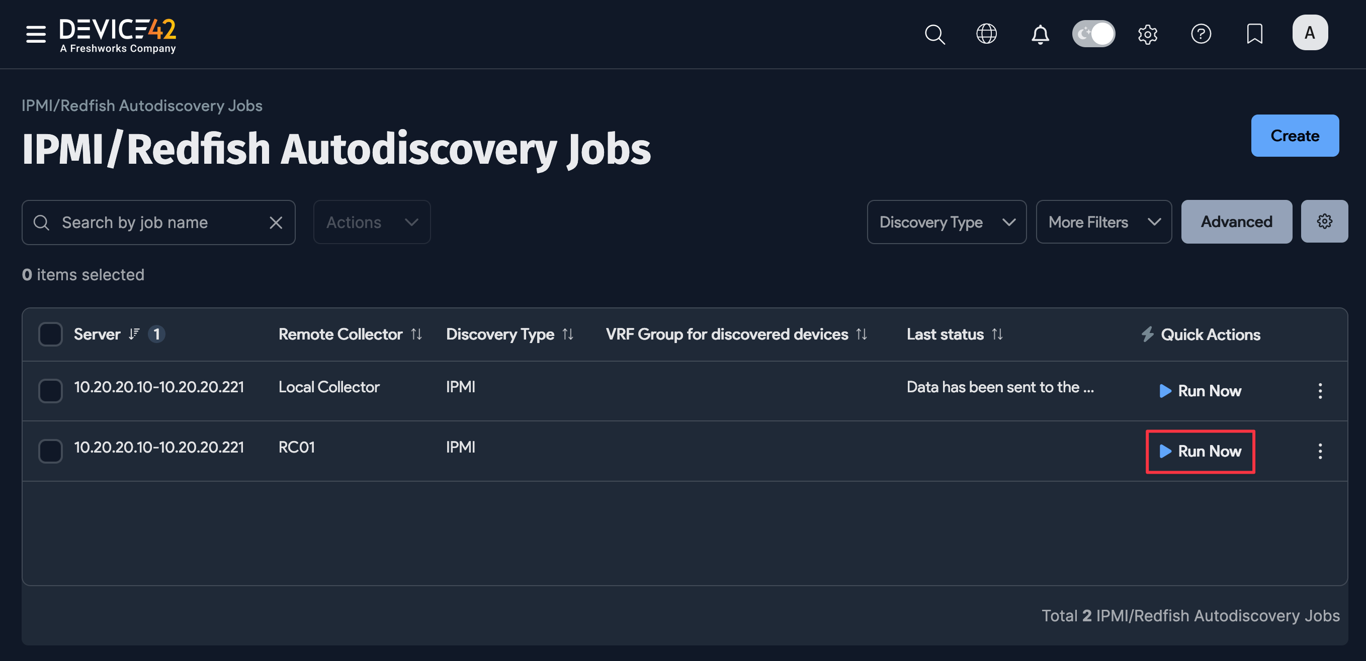 Run Now from the list page