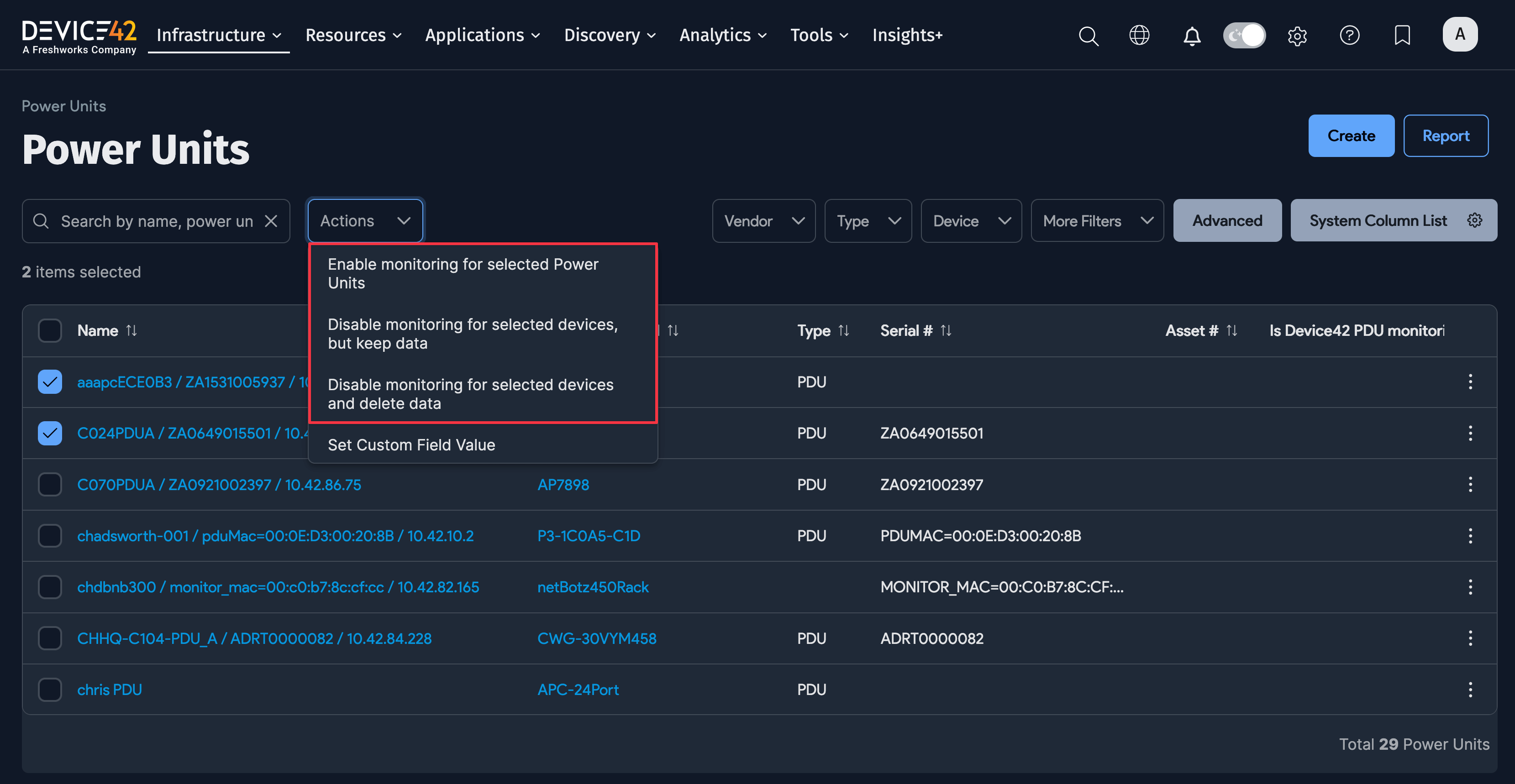 Power Units monitoring bulk actions