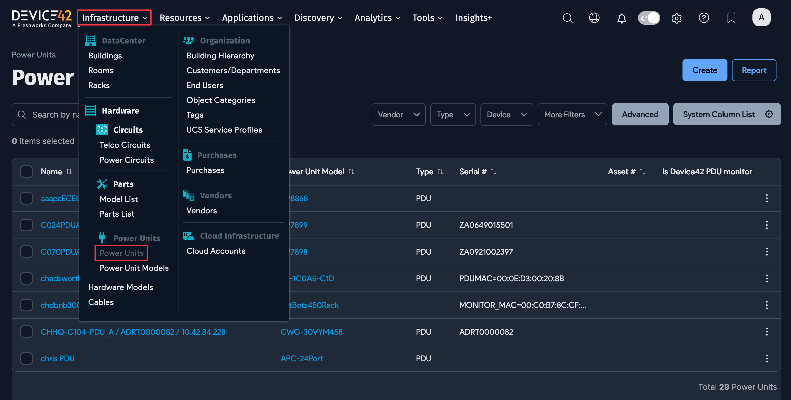 Power Units in the Infrastructure menu