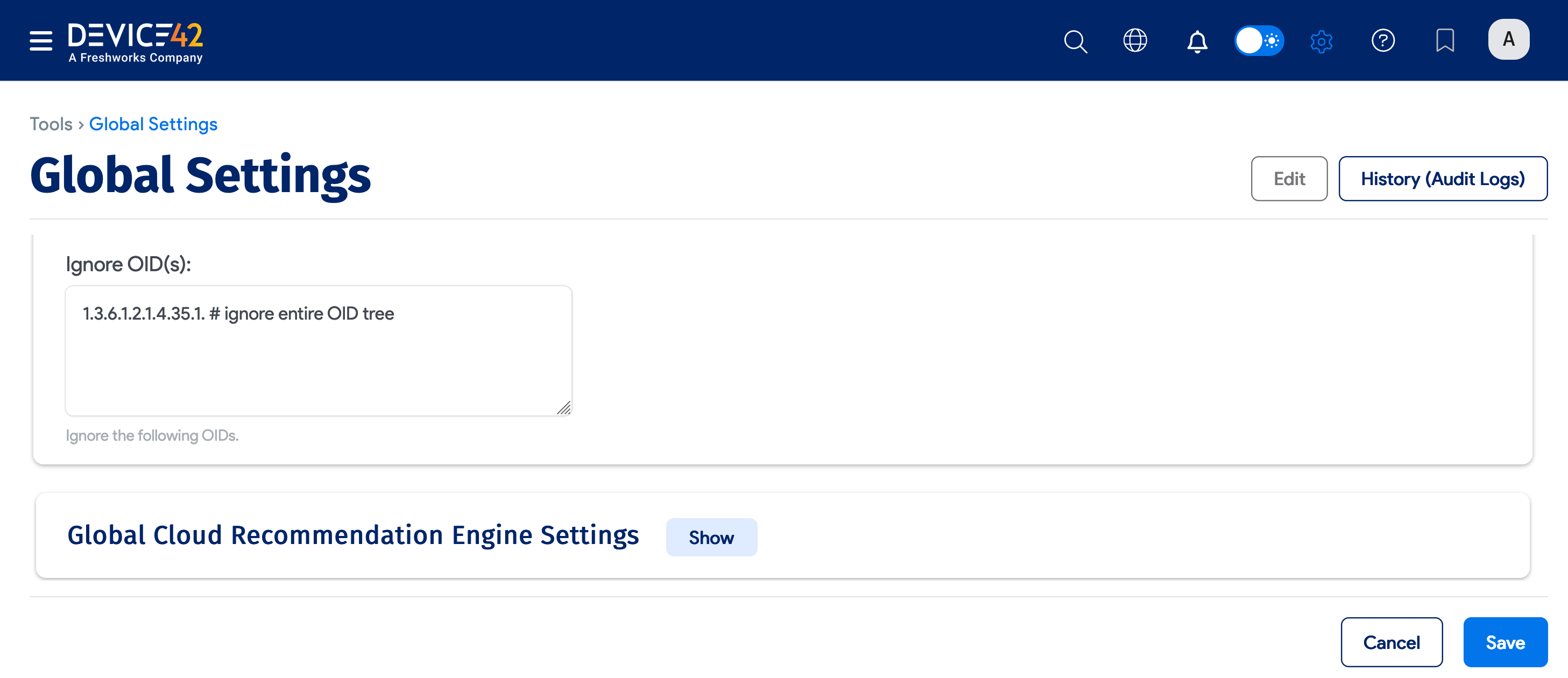 Global Settings Ignore OID(s) field