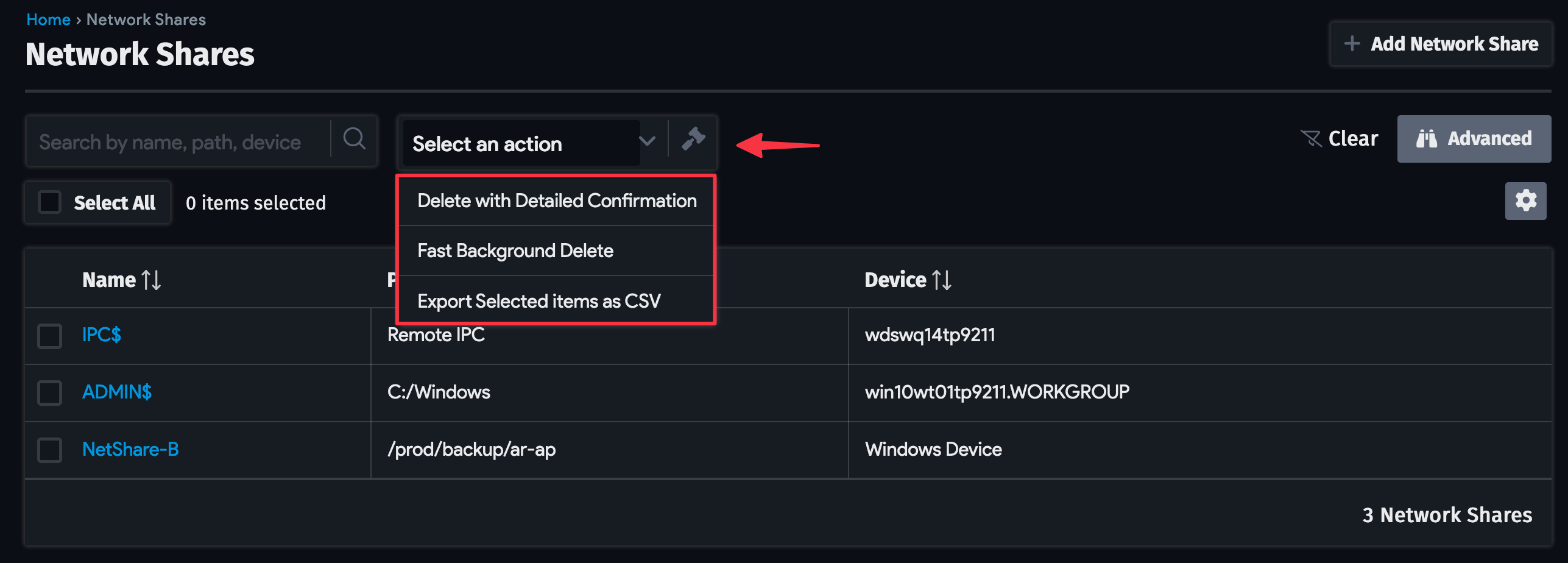 Network Shares actions