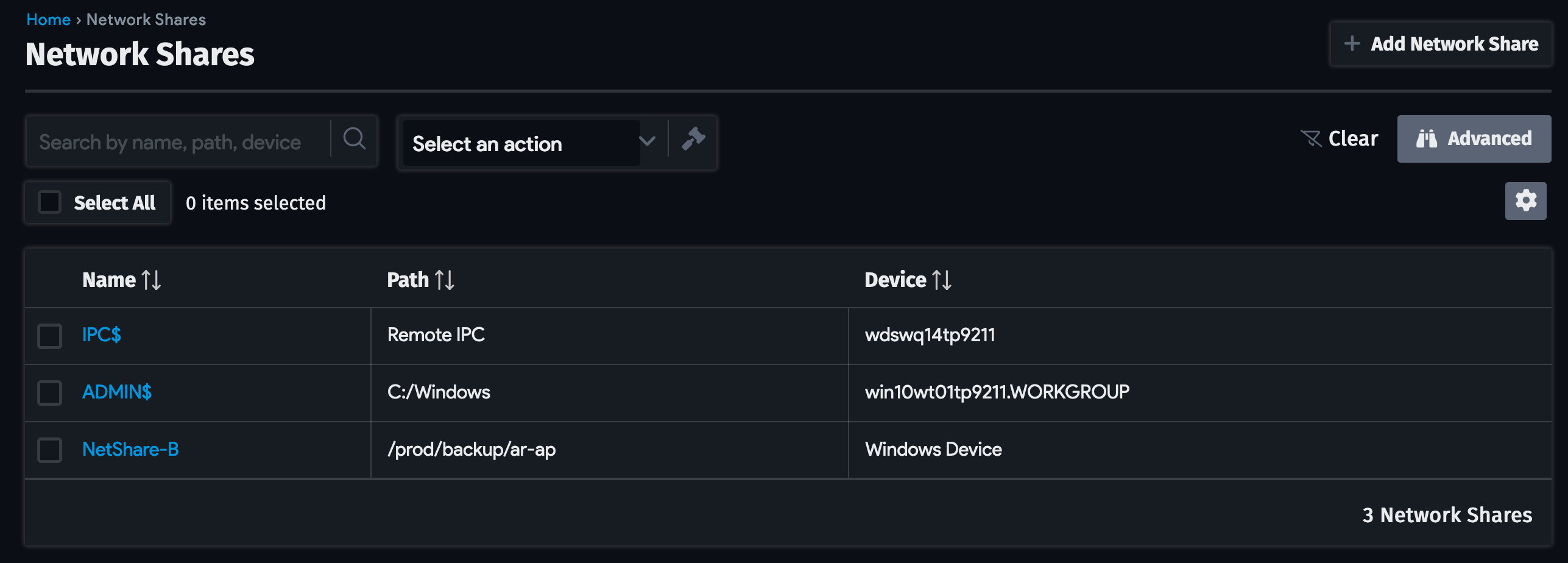 Network Shares list page