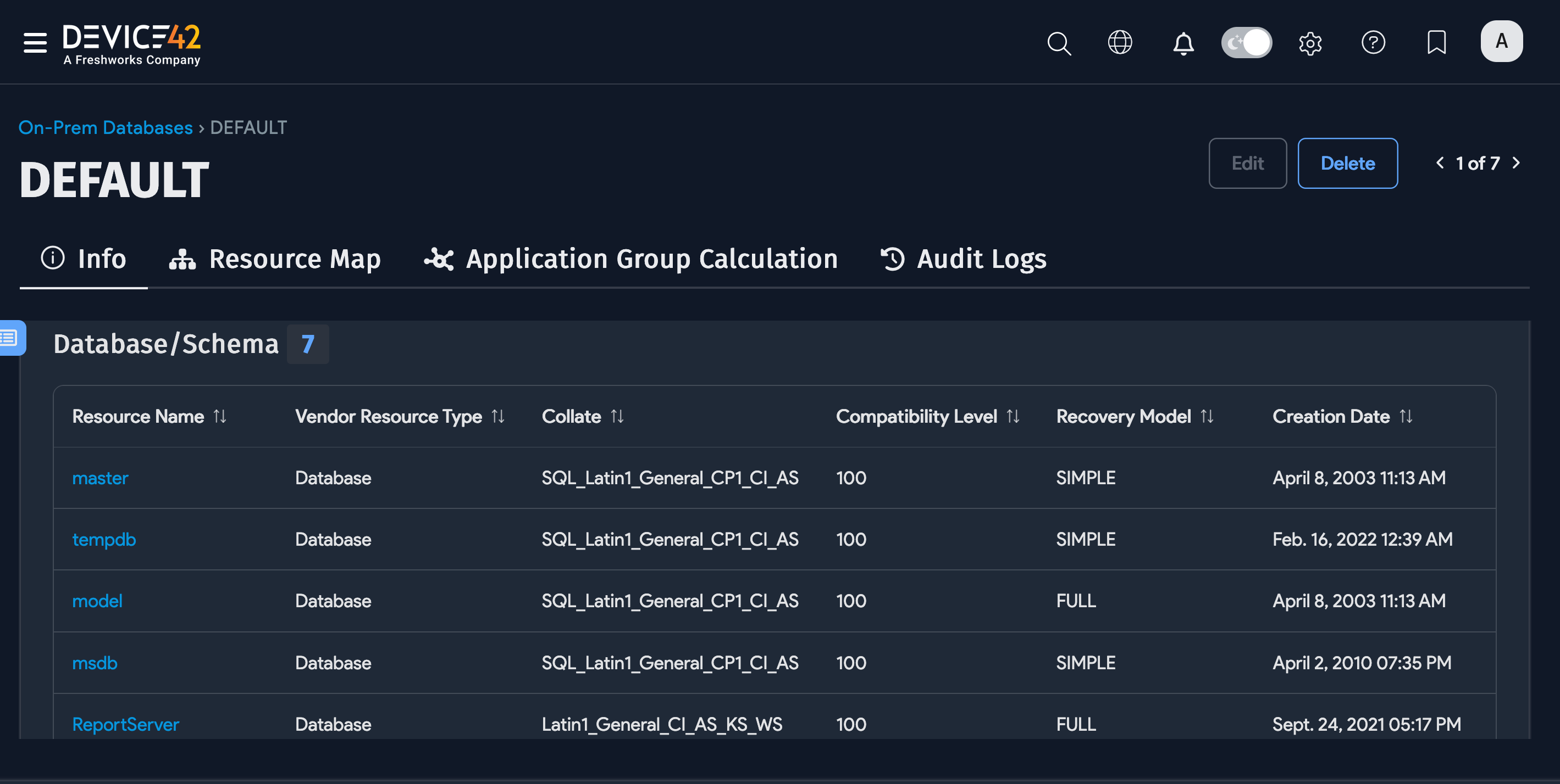 On-Prem databases details