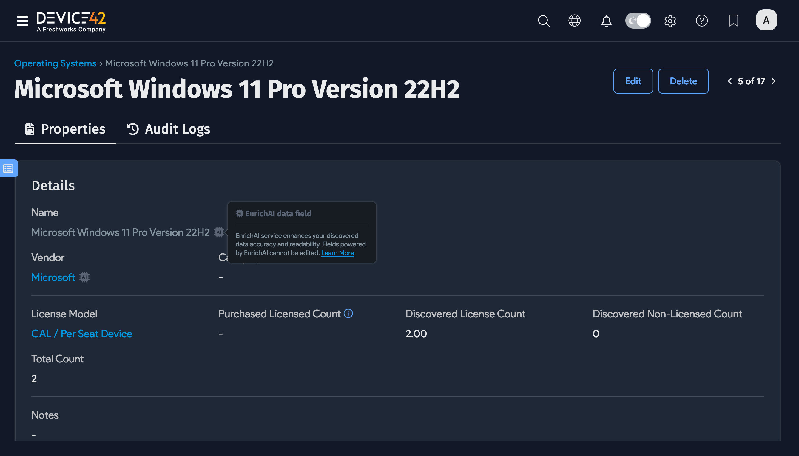 Windows device EnrichAI data example